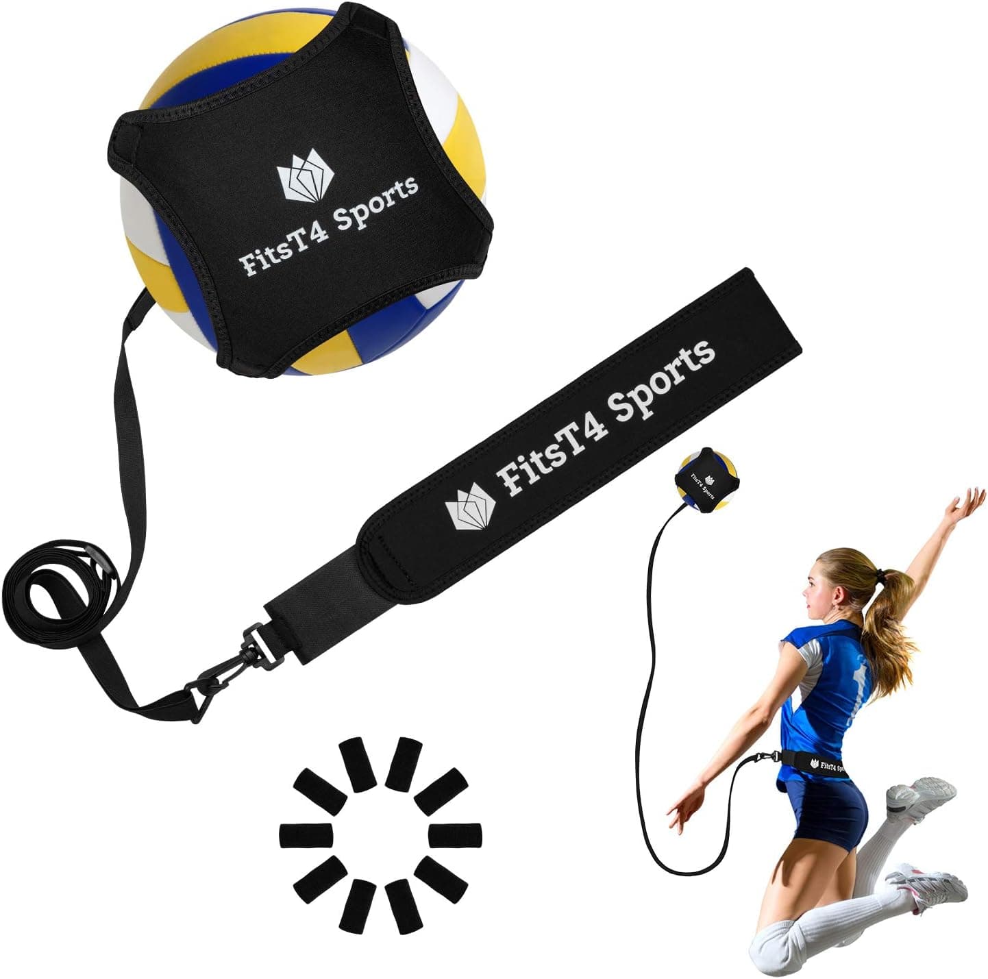FitsT4 Volleyball Trainer, Volleyball Training Equipment Aid for Solo Practice Serving, Spiking, Setting & Arm Swing with Adjustable Cord/Belt & Finger Protectors