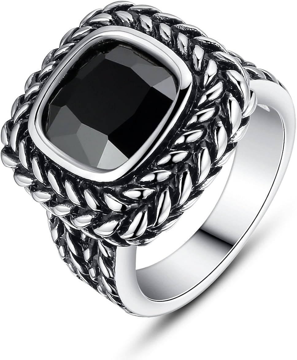 Stainless Steel Vintage Square Black Cubic Zirconia CZ Women's Ring (Size 5 to 11)