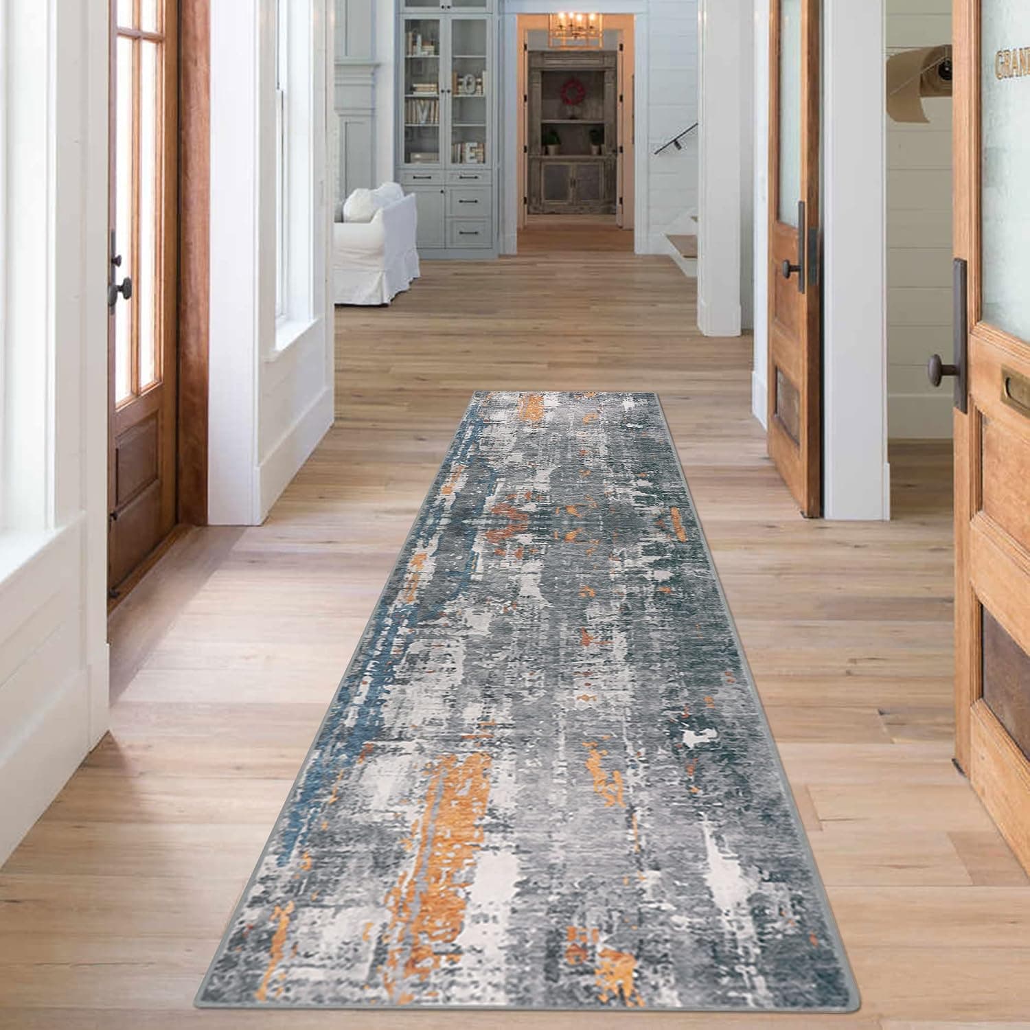 famibay 2x8ft Rug Runners for Hallways with Rubber Backing Washable Runner Rug Upgraded Non Slip Soft Faux Woolen Indoor Carpet Floor Runners for Hallways Foyer Entryway Kitchen(Gray and Rust)