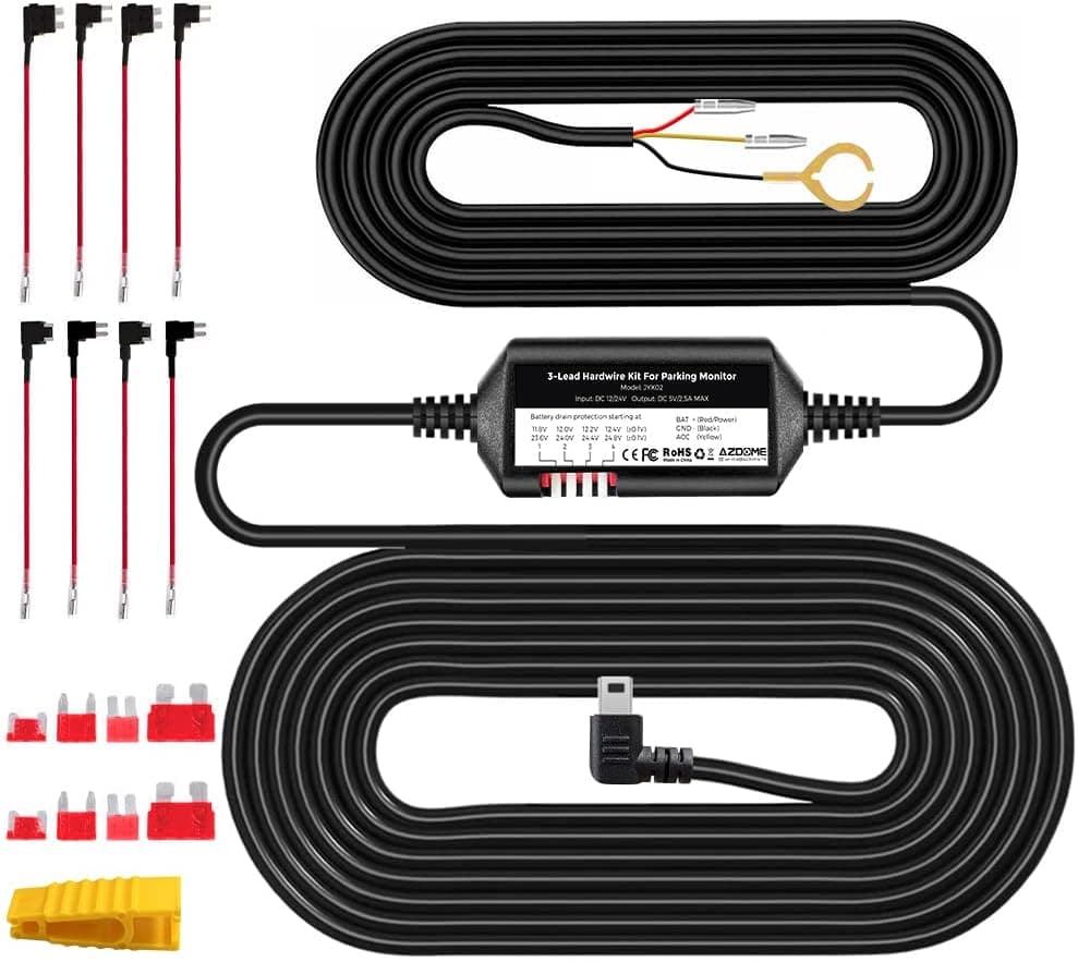 AZDOME 3-Lead Acc Hardwire Kit Mini-USB Port for M550 Dash Cam, 12ft with Fuse Kit, for Dash Camera 24H Parking Monitor Mode, Converts 12V-24V to Output 5V/2.5A Max, Low Voltage Protection