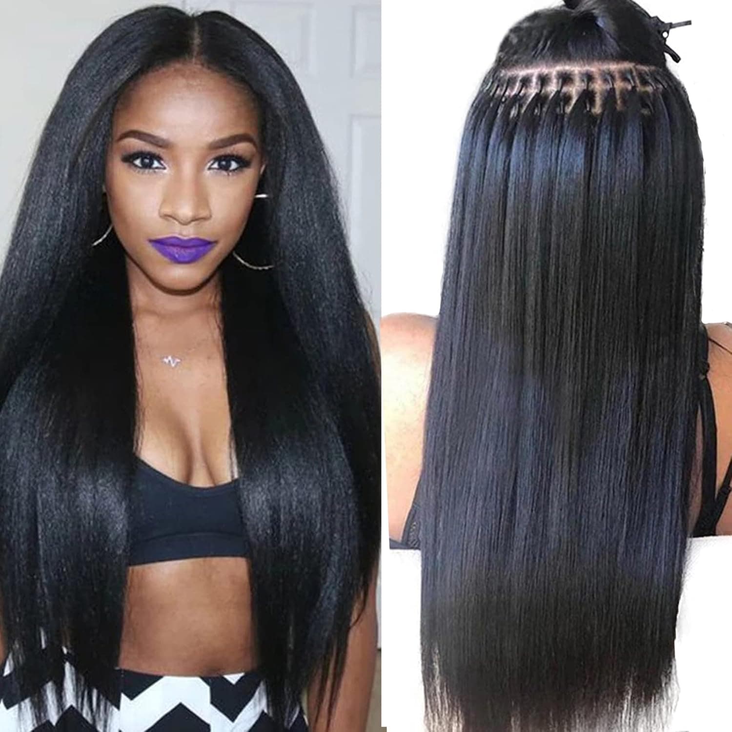 Belaved Itip Hair Extensions 16inch Keratin Human Hair I Tip Extensions #1B-Yaki Straight Pre Bonded Hair Extensions Human Hair Keratin Fusion I Tips Human Hair Extensions 100 Strands/Pack 50G