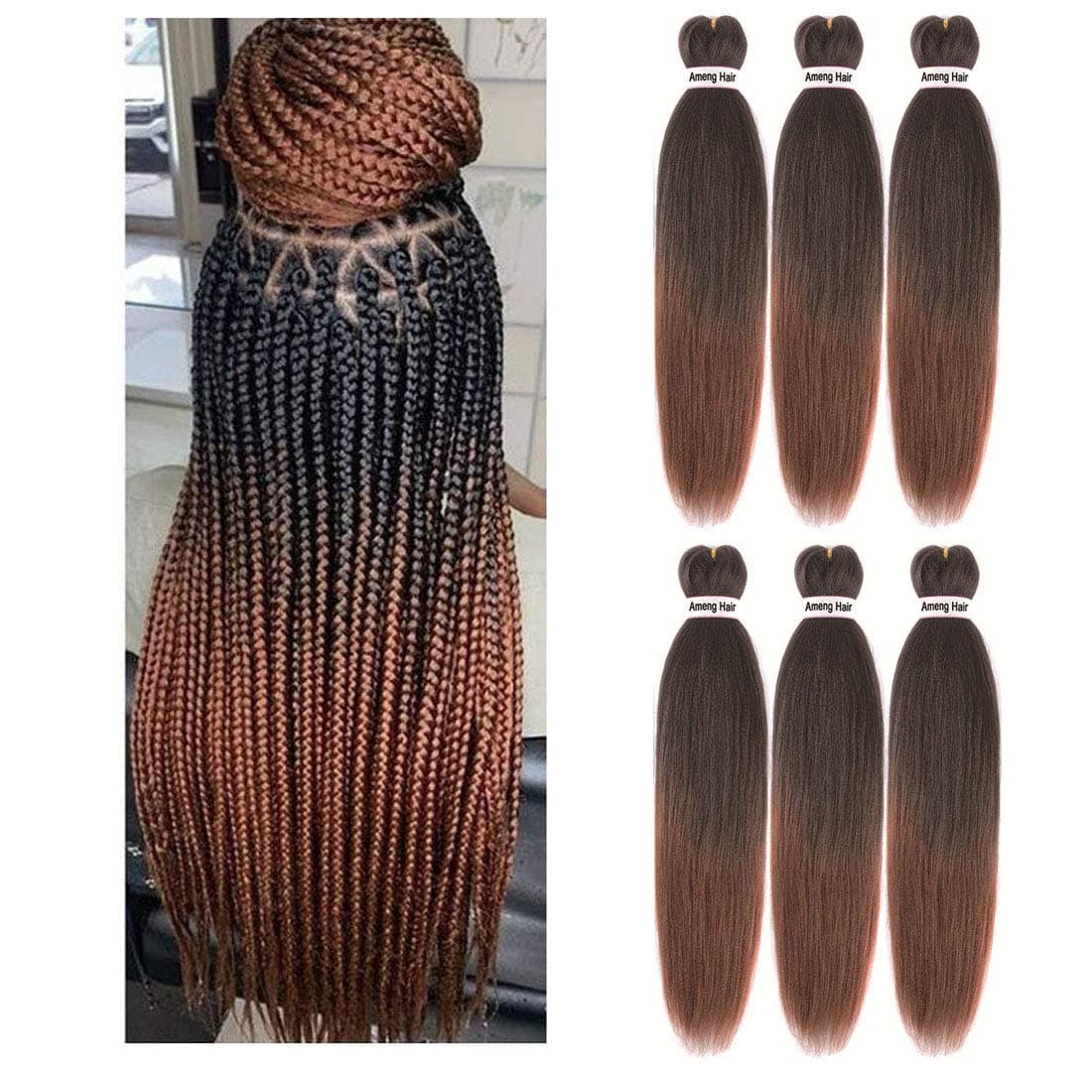 22" - 6 Packs Hot Water Setting Pre Stretched Braiding Hair,Professional Braiding Perm Yaki omber braiding Hair, Synthetic Hair Extensions(1B/30)