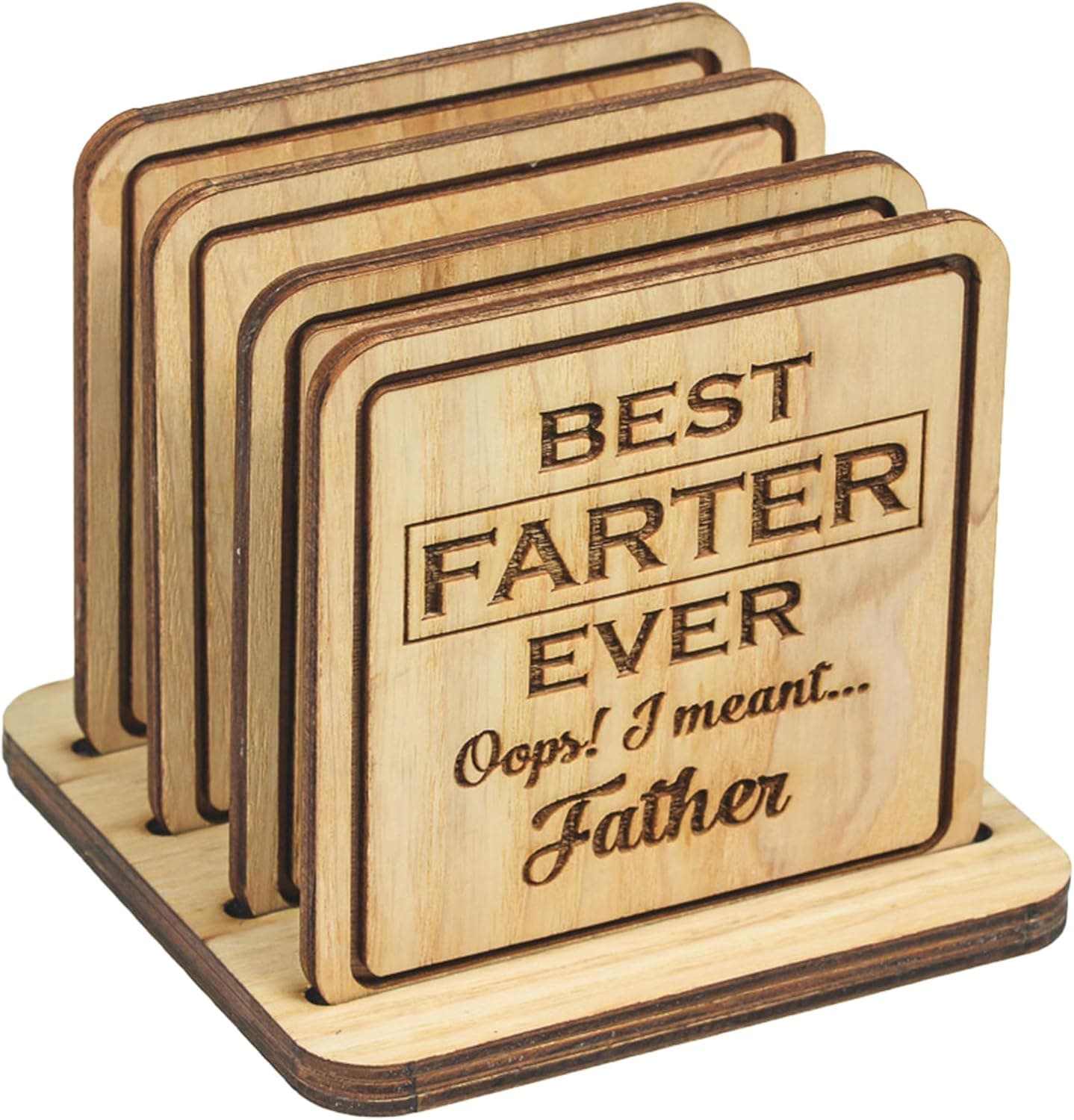 Navady Wood Funny Coasters for Drinks with Holder Set of 4 (3.9 x 3.9 Inches), Funny Dad Gifts from Daughter Son, Father's Day Gifts, Dad Birthday Gifts, Funny Dad Christmas Gifts (Best Father)