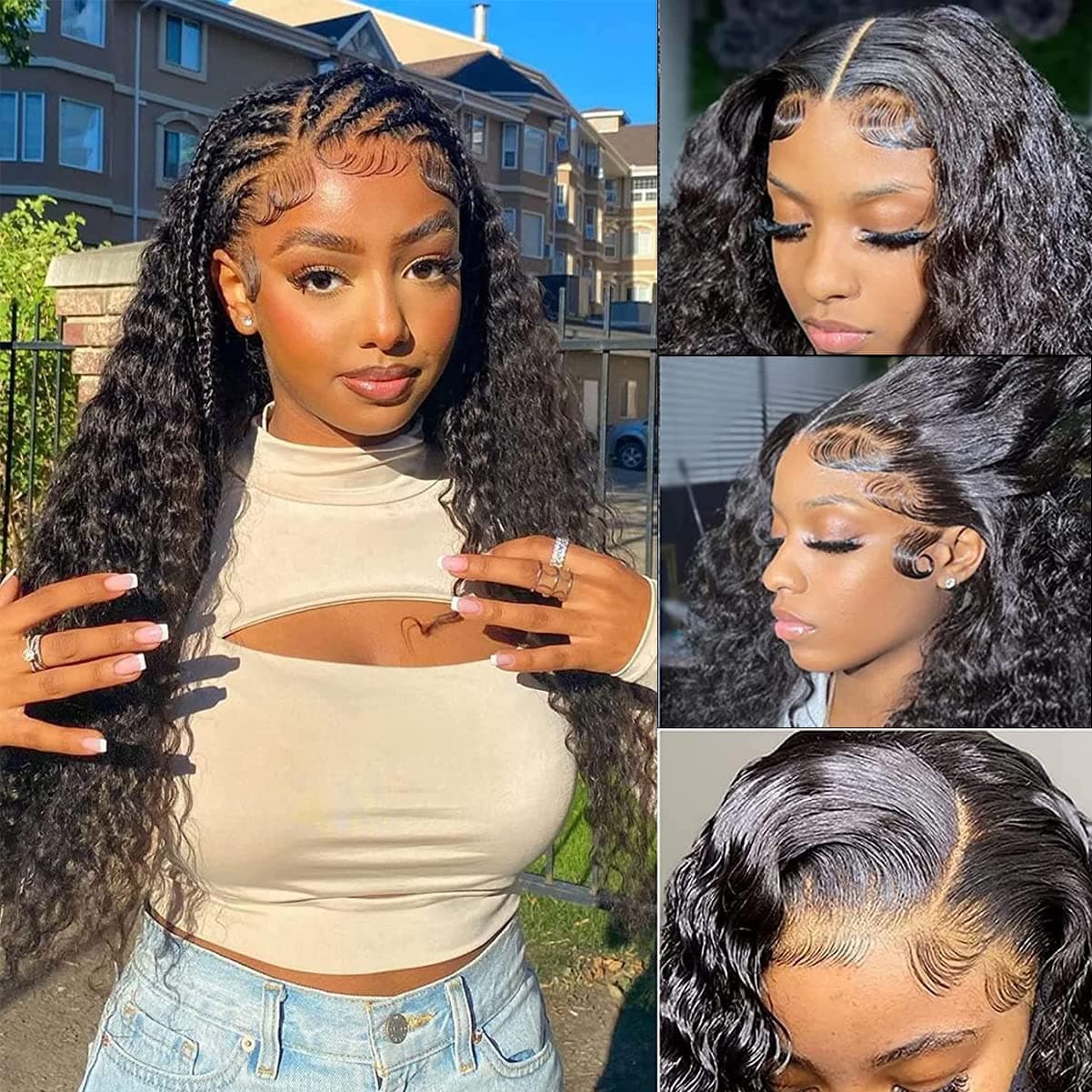 LAINSS Water Wave Lace Front Wigs Human Hair Wigs for Black Women 180% Density 13x4 HD Lace Frontal Deep Curly Wigs Wet and Wavy Glueless Wigs Human Hair Pre Plucked with Baby Hair 10A Unprocessed Brazilian Virgin Human Hair Natural Color 20 Inch