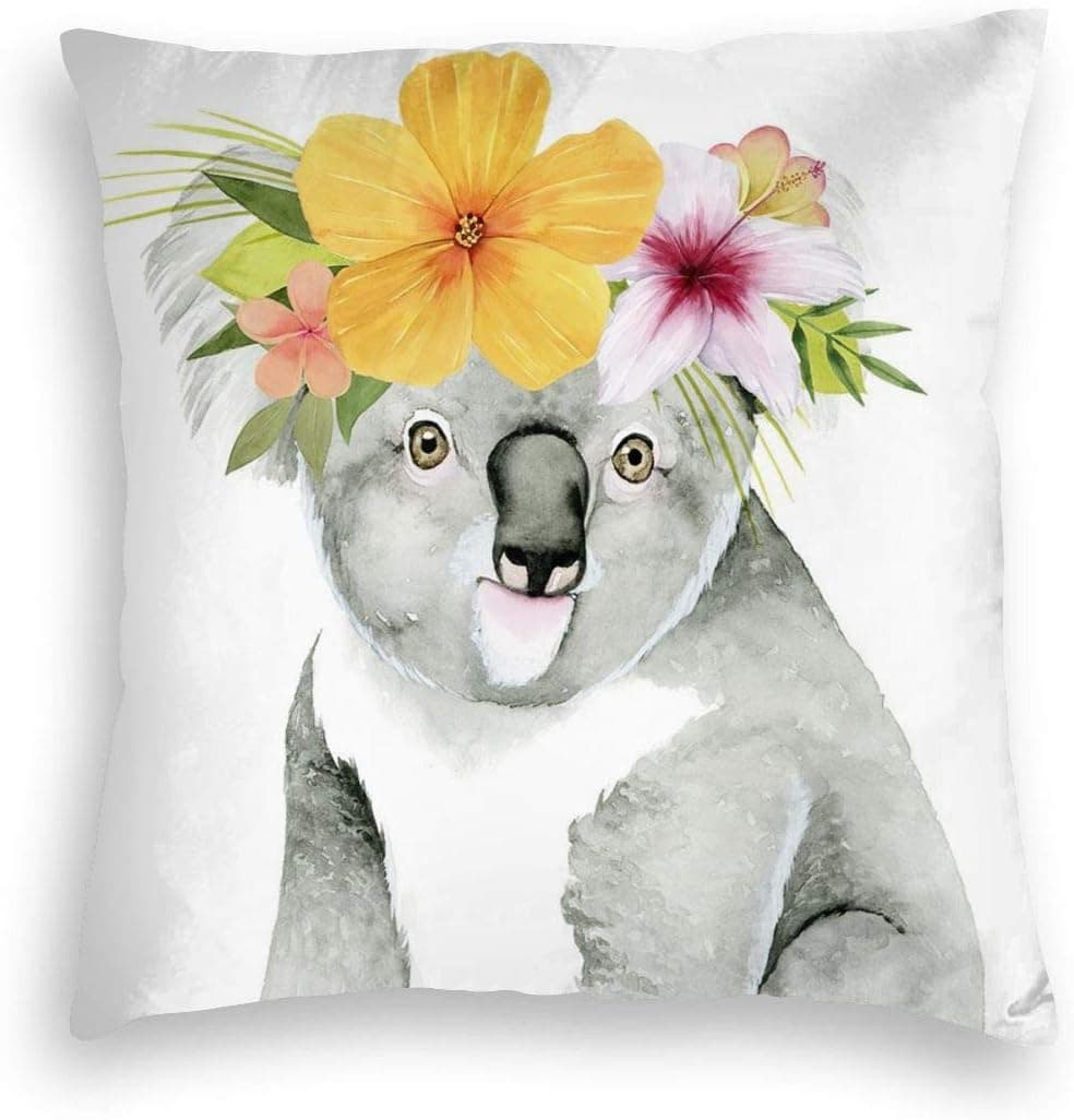 MINIOZE Yellow Flower Garland Koala Animal Print Velvet Soft Square Pillow Covers case Home Decor Cushion Covers Decorations Gifts Pillowcase for Indoor Sofa Bedroom Car 18 X 18 Inch