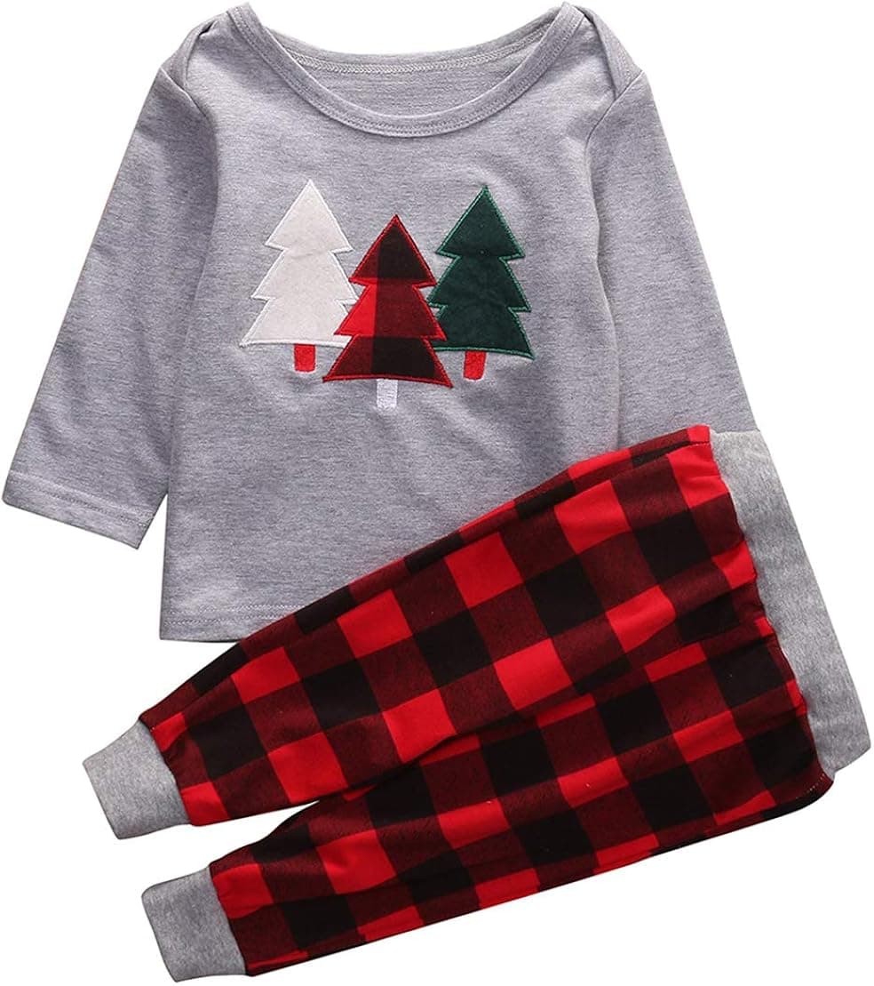 Kids Baby Boys Girls Christmas Tree T-Shirt Tops Pullover+Plaid Print Pants Outfits Christmas Custome 2Pcs Set