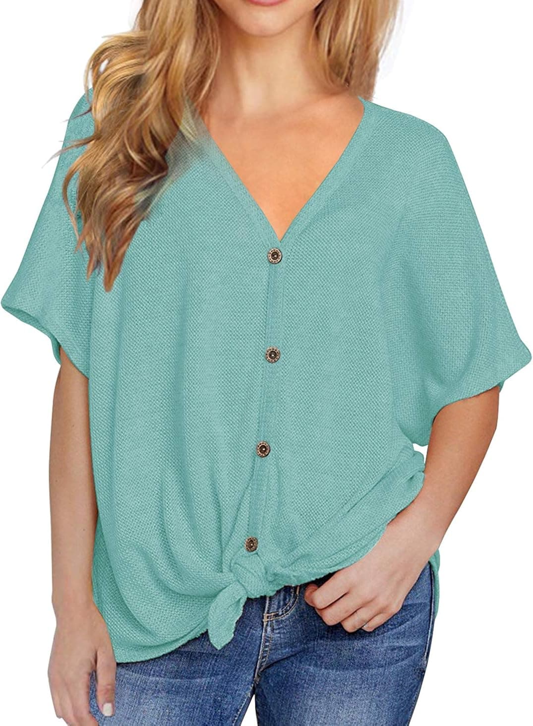 VIISHOW Womens Waffle Knit Tunic Blouse Tie Knot Henley Tops Loose Fitting Bat Wing Plain Shirts Blue Green Large