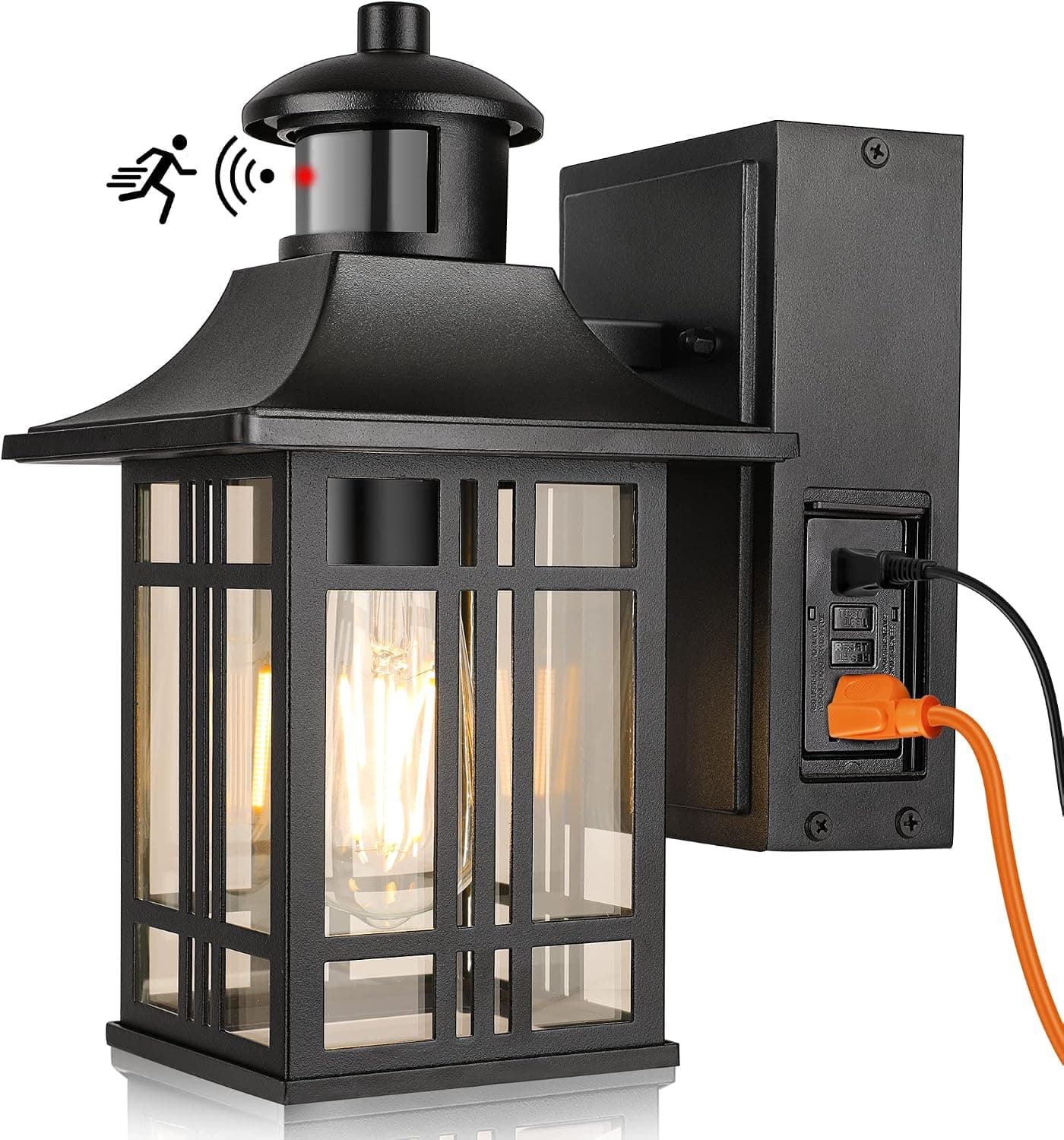 WIHTU Motion Sensor Outdoor Porch Lights with 2 GFCI Outlets, Waterproof Wall Lights with 3 Lighting Modes for House, Dusk to Dawn Aluminum Anti-Rust Exterior Light Fixture for Balcony, Garage