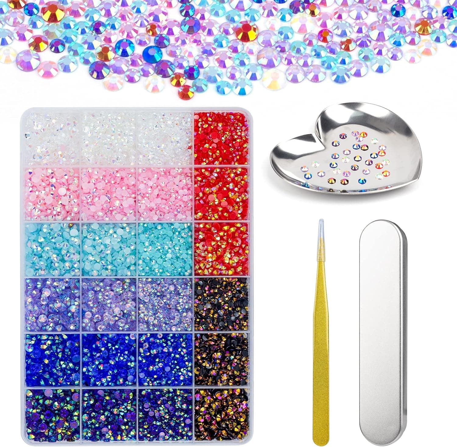 Flatback Rhinestones for Crafts, 21600pcs Mixed Color Round Shape Blue Pink Purple Red Clear AB Nail Rhinestones Kit for Nails Art, Bling Crystals for Diamond Painting Makeup Clothes Decoration (#2)