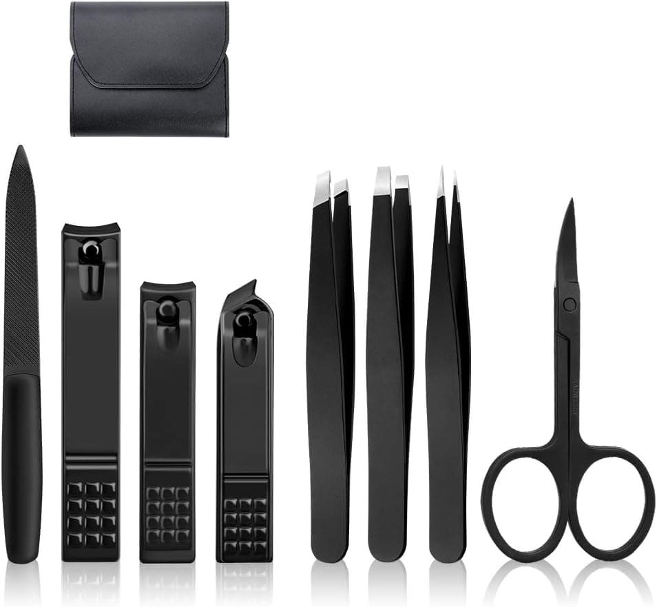Nail Clippers Set,8pcs Precision Tweezers with Nail Clippers Set,Travel Nail Care Kit with Black Stainless Steel Fingernail Clipper Sharp Tweezers & Manicure Scissors set