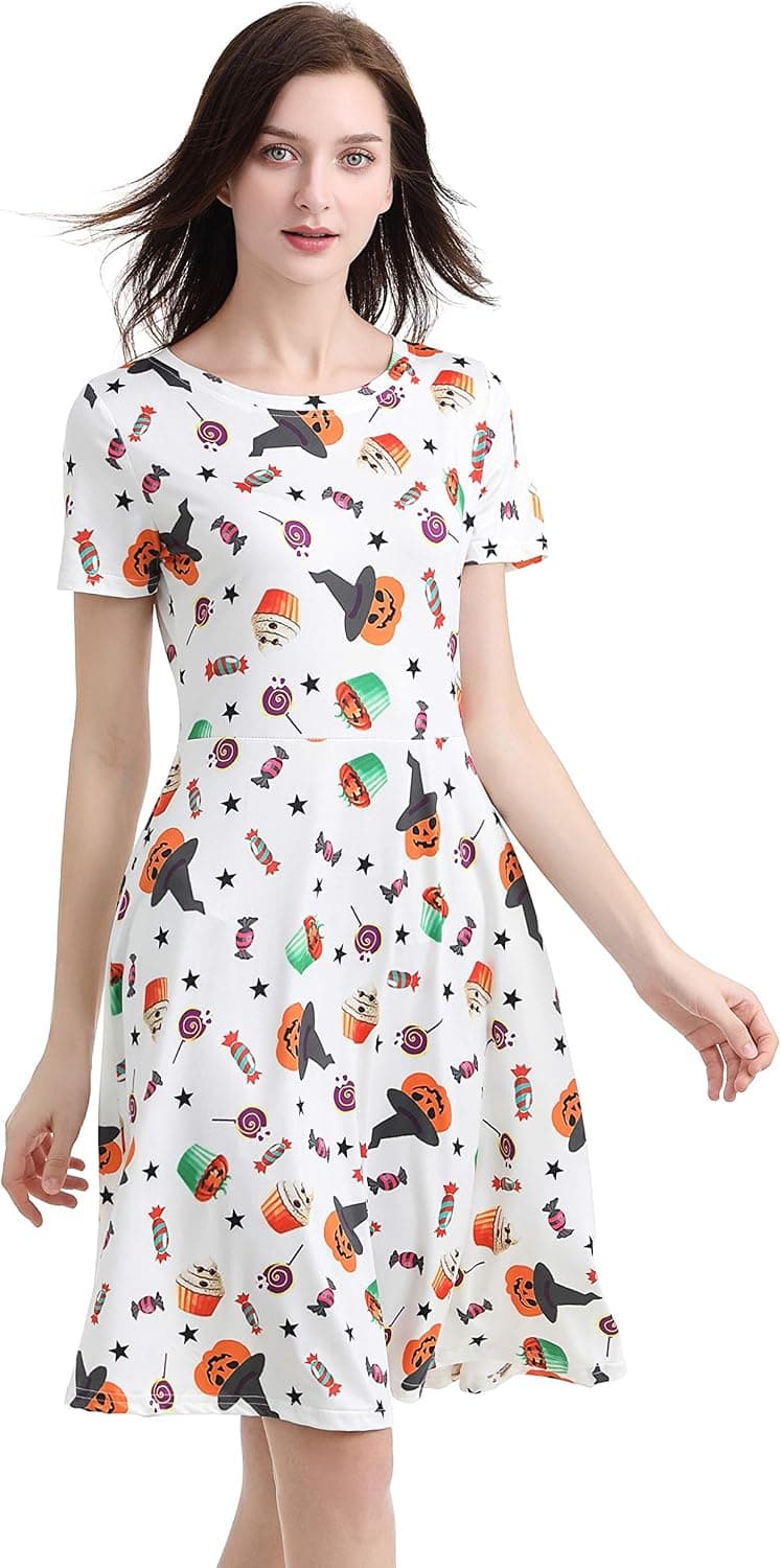 Womens Short Sleeves Halloween Themed Pumpkin Party Dress A-line Casual Skeleton Witches Candy Printed