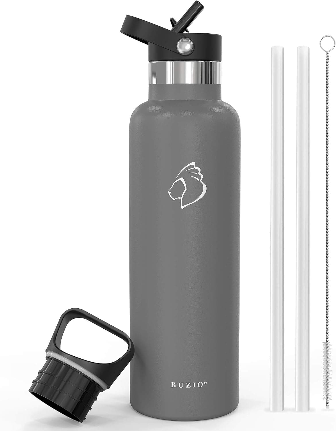 BUZIO Stainless Steel Water Bottle with Straw Lid and Flex Cap, 20 oz Modern Double Vacuum Water Flask, Simple Insulated Standard Mouth Water Bottle, Travel Sports Metal Canteen Hydro Mug Cup,Grey