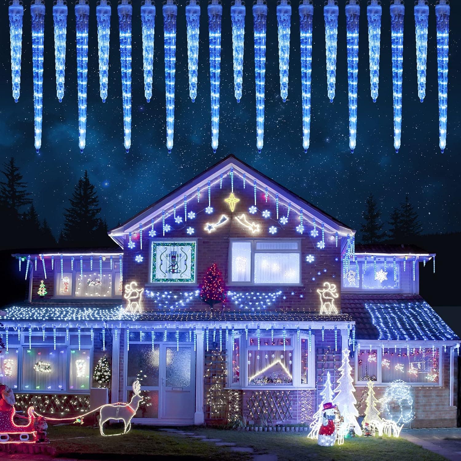 iBaycon LED Icicle Lights, 320 LED 20 Tubes 12.5FT Meteor Shower Raindrop Lights with Timer Cascading Lights Falling Raindrop Lights for Holiday Party Wedding Christmas Tree Decoration (Blue)