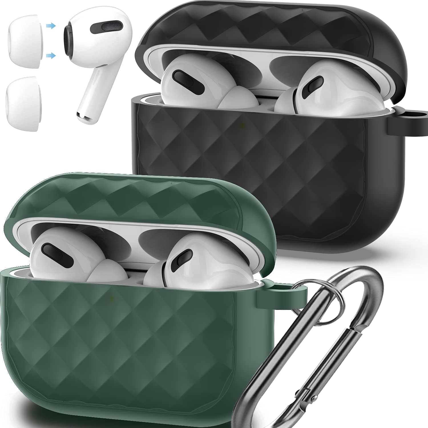 [2 Pack Airpods Pro Case]Compatible AirPods Pro Case Cover+Ear Tips Keychain Accessories Kits 4 in 1,Silicone Protective Case Cover,Designed for Airpod Pro 2021 for Women Men Cute Designer Black+Green