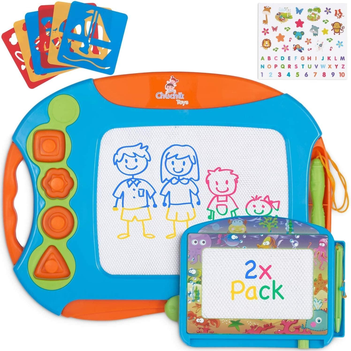 Chuchik 2 Pack Magnetic Drawing Boards Set for Kids and Toddlers. Large 15.7 Inch Doodle Board Writing Pad Comes with a 4-Color Travel Size Drawing Board for Toddlers 1-3 (Orange-Blue)