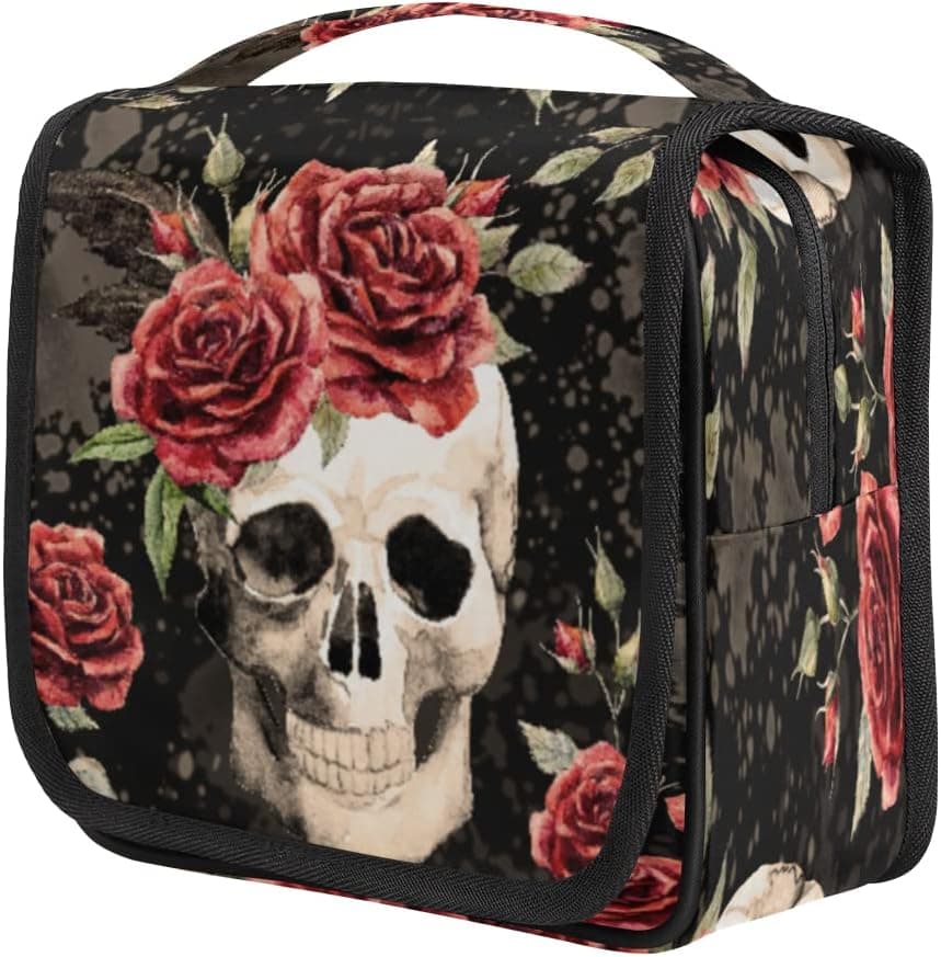 Wash Gargle Bag Vintage Mexico Floral Flower Rose Skull Toiletry Bag Travel Portable Cosmetic Makeup Brush Case with Hanging Hook Organizer for Women Men