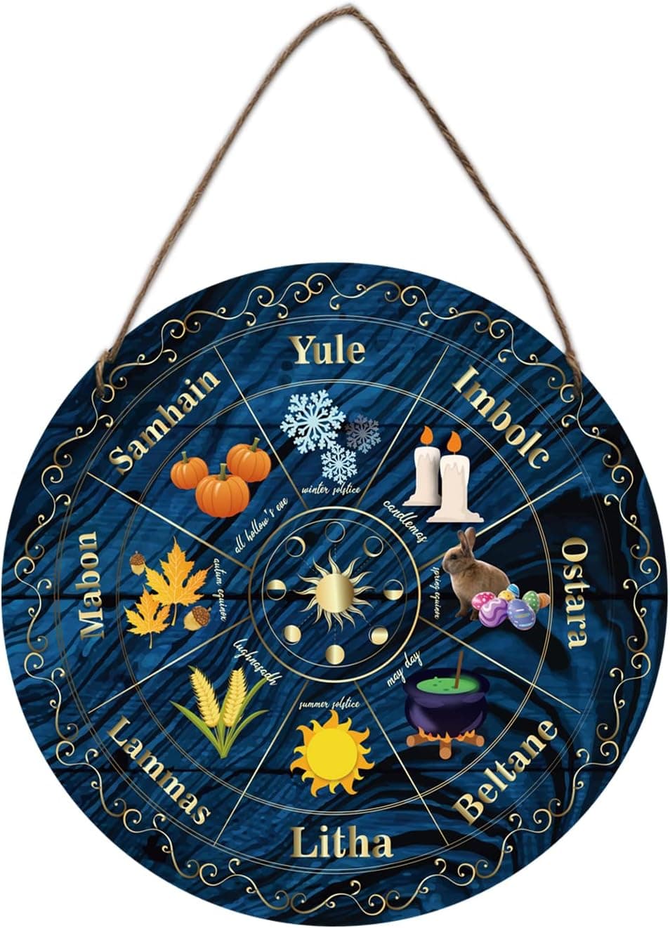NBEADS Wheel of The Year Wood Sign, 11.8" Sabbats Norse Pagan Sign Witches Runes Wood Engraved Board Wiccan Holidays, Wicca Calendar, Yule Altar, Celestial Sign, Vintage Handmade Christmas Sign Decor