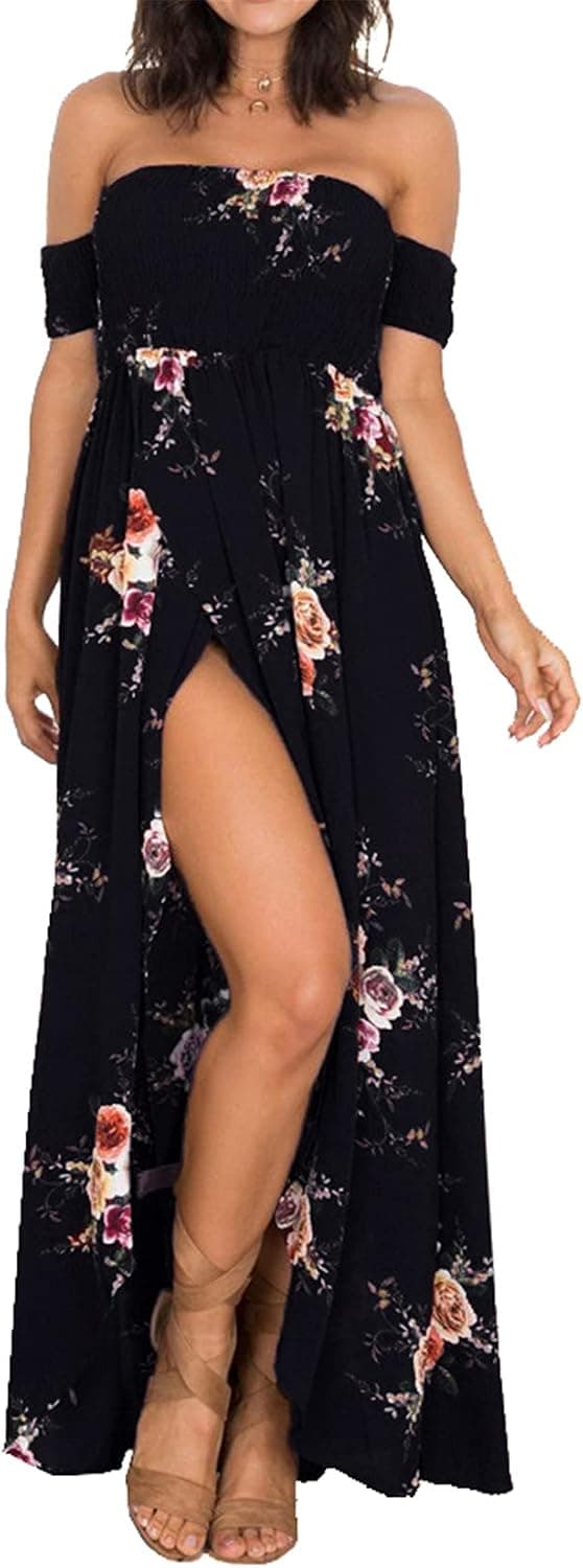AM CLOTHES Summer Beach Dresses for Wedding Guest Maxi Dresses Off Shoulder Engagement Floral Dress 2X-Large Black1