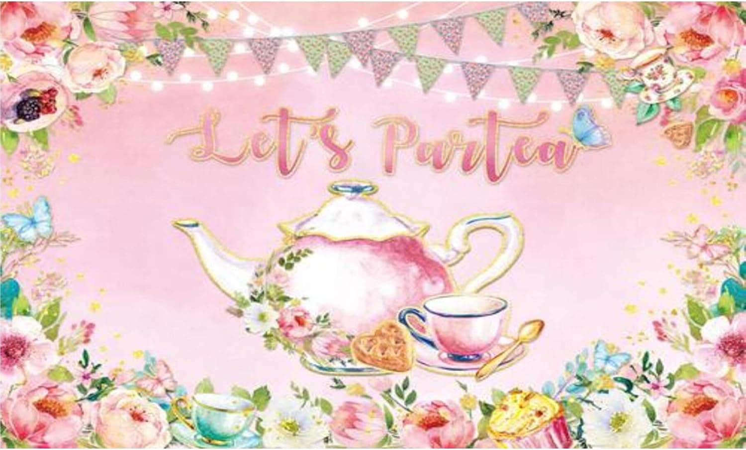 60x36inch Pink Tea Party Backdrop for Little Girls Garden Cottage Let’s Partea Banner Women Happy Birthday Photoshoot