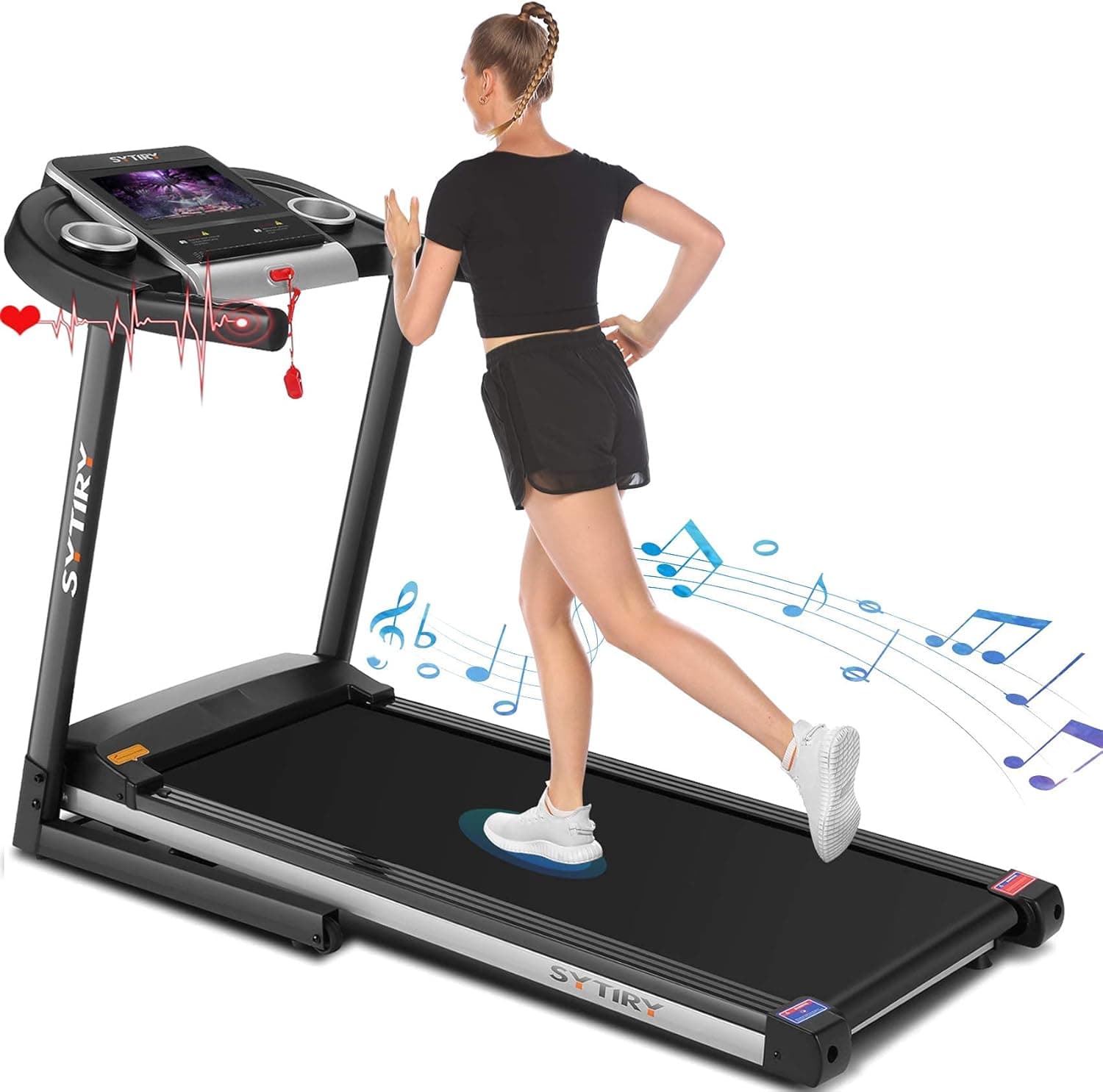 SYTIRY Treadmill with Screen,Treadmills for Home with 10" HD tv Touchscreen&WiFi Connection,3.25hp Motor,Folding Exercise Equipment Machine with Workout Program,Hydraulic Drop,Heart Rate Sensor