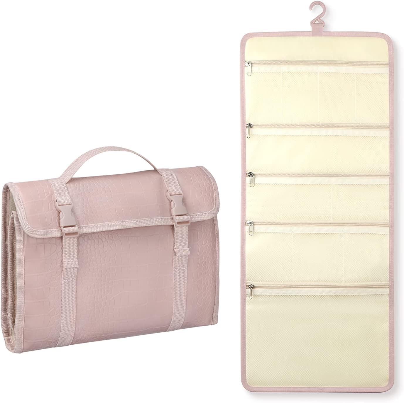 Rempry Hanging Travel Toiletry Bag, Portable Makeup Cosmetic Bags Multi-Compartment for Travel Accessories Organizer, Bathroom Shower, Crocodile Pink