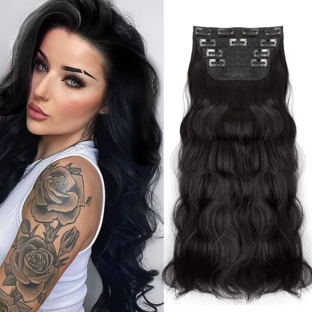 EMATORE Natural Black Hair Extension for Women 4PCS Clip in Hair Extensions Long Wavy Double Weft Hairpieces Invisible Hair Extensions for Women Girls(20 Inch, Narural Black)