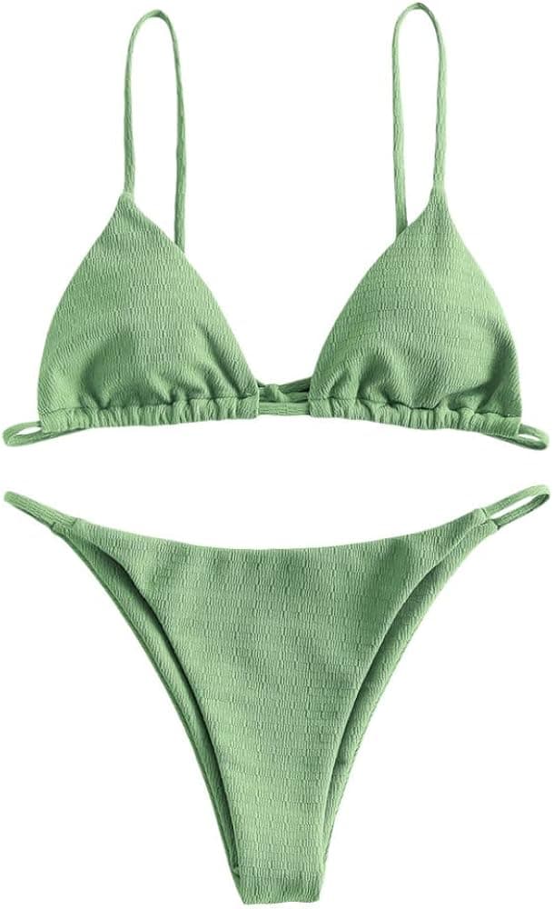 ZAFUL Women's Textured String Tie Dye Triangle Bikini Set Animal Print Two Pieces Swimsuits Turquoise