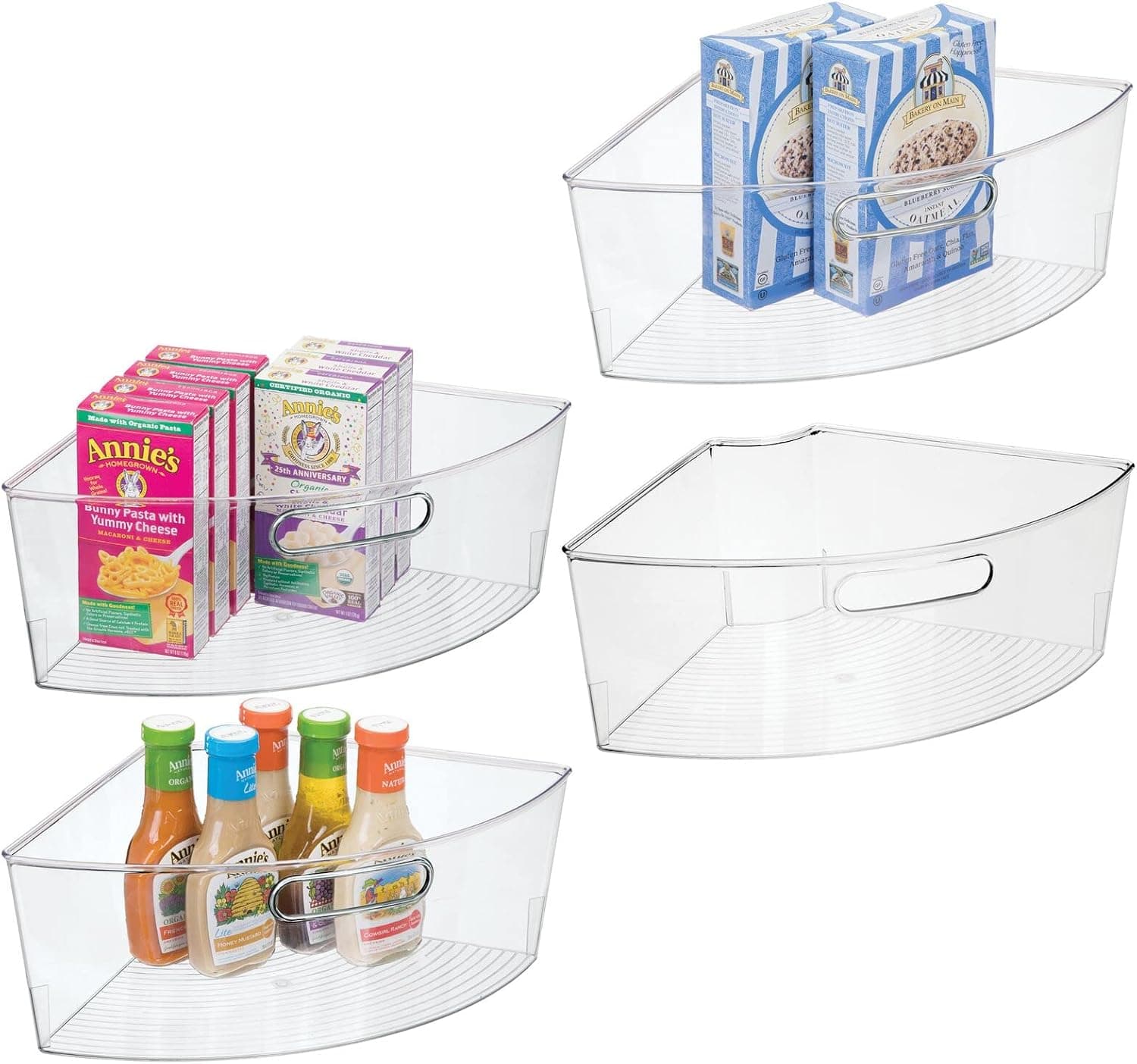 mDesign Kitchen Cabinet Plastic Lazy Susan Storage Turntable Organizer Bins w/Built-In Handle - Large Triangle Corner Dividers for Pantry - 1/4 Wedge, 6" Deep - Ligne Collection - 4 Pack - Clear