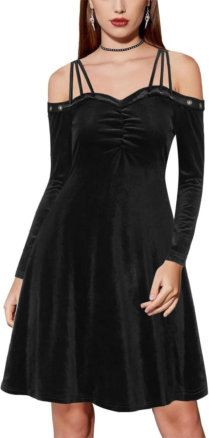 Scarlet Darkness Women's Gothic Vintage Dress Spaghetti Strap Long Sleeve Goth Velvet Dress