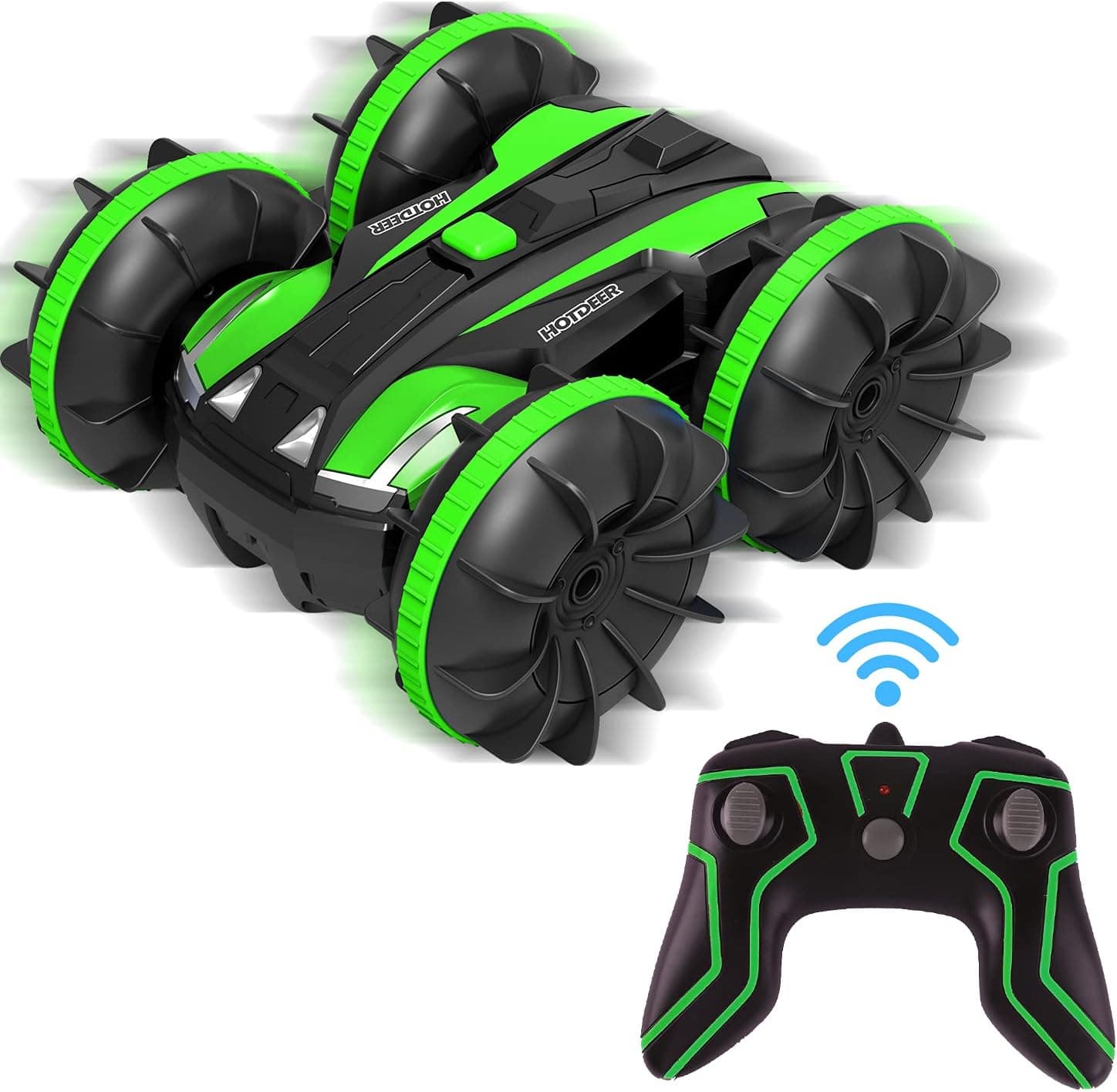 ShuQiaoSi Amphibious RC Car Remote Control Boat for Kids,Water Land Beach Car 2.4 GHz 4WD RC Stunt Truck Toys for 6-12 Year Boys Girls 360° Rotating Flip Car Christmas Birthday Gifts Green
