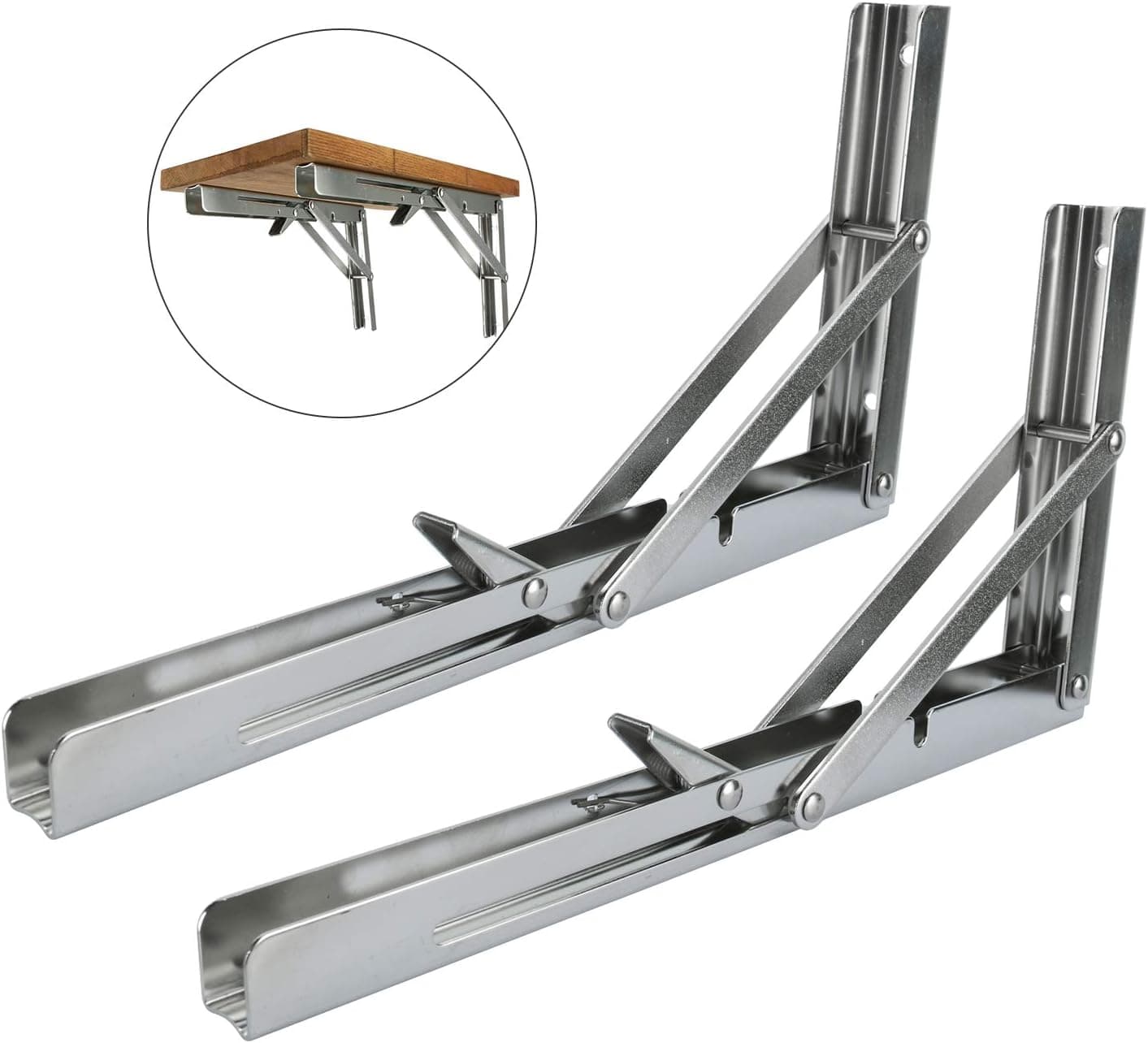 DasMarine 2pcs Polished 304 SS Wall Mounted Folding Shelf Bracket Support for Table Bench Desk Support Bracket (Mounting Screws and Board not Included) Short Release Arm, 250KG/550LBS Max Load