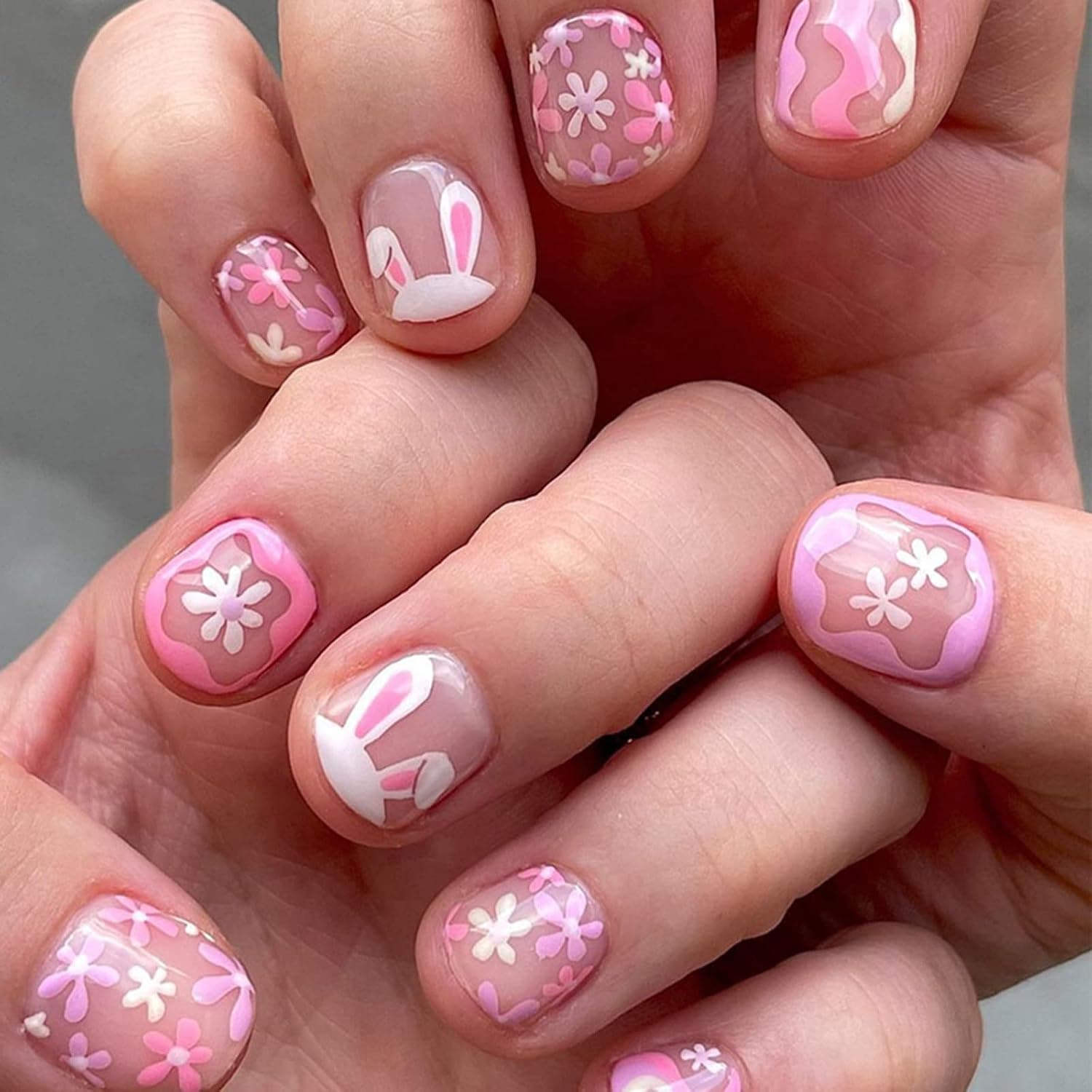 Cute Press on Nails Short False Nails with Designs, Easter Bunny Full Cover Acrylic Nails Pink White Flowers Designs Fake Nails Round Head Glue on Nails Extra Short Press on Nails for Women Girls