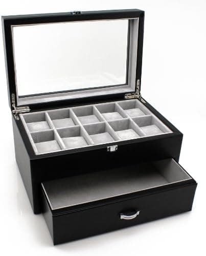 Heiden Premier Black Leather Watch Box for 10 watches with Drawer (Great for Extra Large Watches)