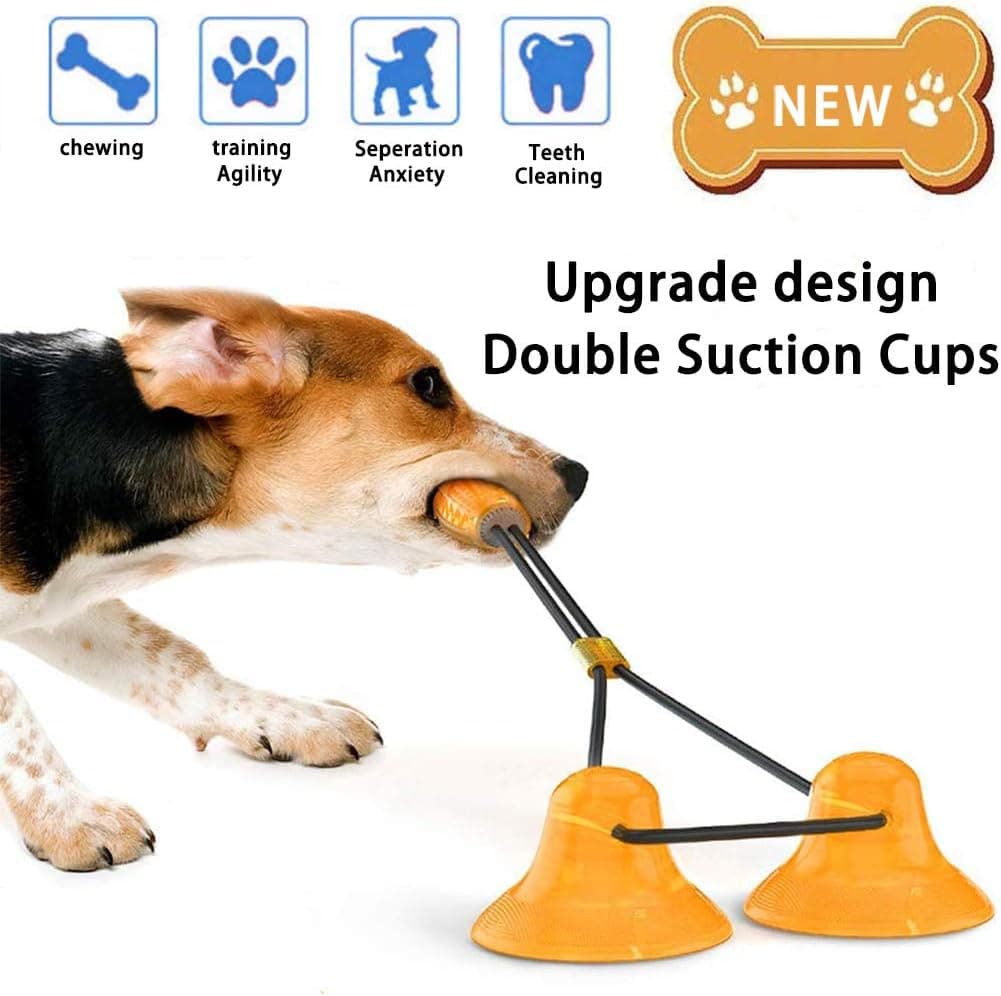 Dog Toy Suction Cup, Multifunctional Double Suction Cups Tug of War Molar Bite Chew Teeth Cleaning Interactive Pet Toys with Rope Dispensing Food Ball for Small Large Dogs