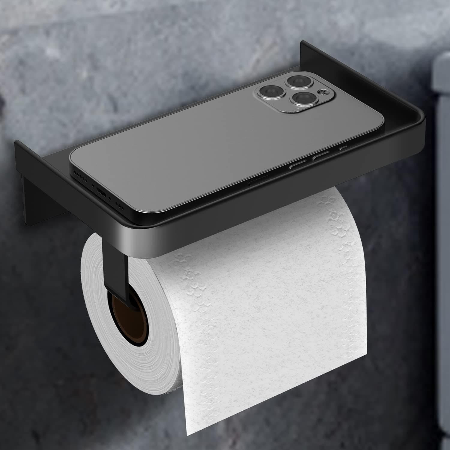 Zelbuck Toilet Paper Holder with Shelf Toilet Paper Roll Holder Wall Mounted Rustproof SUS 304 Stainless Steel Tissue Roll Holder for Bathroom & Kitchen, 2 Installations: Glue and Screws, Matt Black