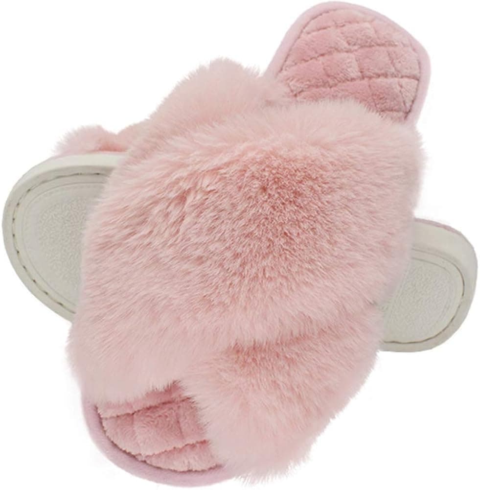 HUMIWA Women's Cross Band Slippers Soft Open Toe Furry Cozy Fur House Slippers Memory Foam Sandals Slides Soft Anti-Slip on Home Slippers for Girls Men Indoor Outdoor