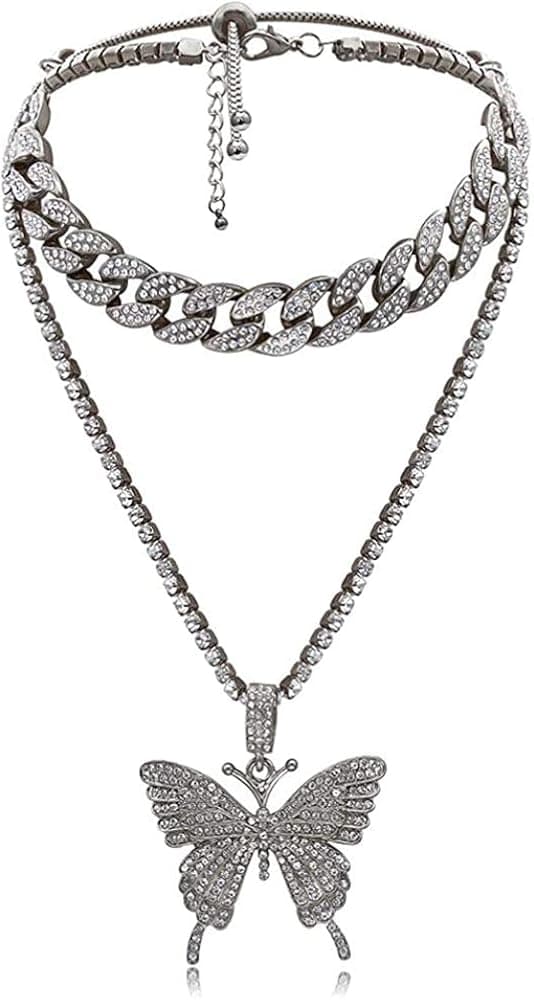 YBMYCM Big Butterfly Pendant Statment Necklace Rhinestone Chain for Women Girl Bling Gold Silver Crystal Layered Choker Necklaces Accessory for Hip Hop Lovers