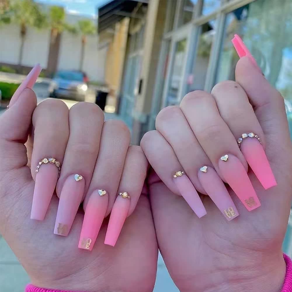 Feilisa Pink Press on Nails Coffin Fake Nails Long Bling Gradient False Nails Long Rhinestone Nails Full Cover False Nail Tips(24 pcs)