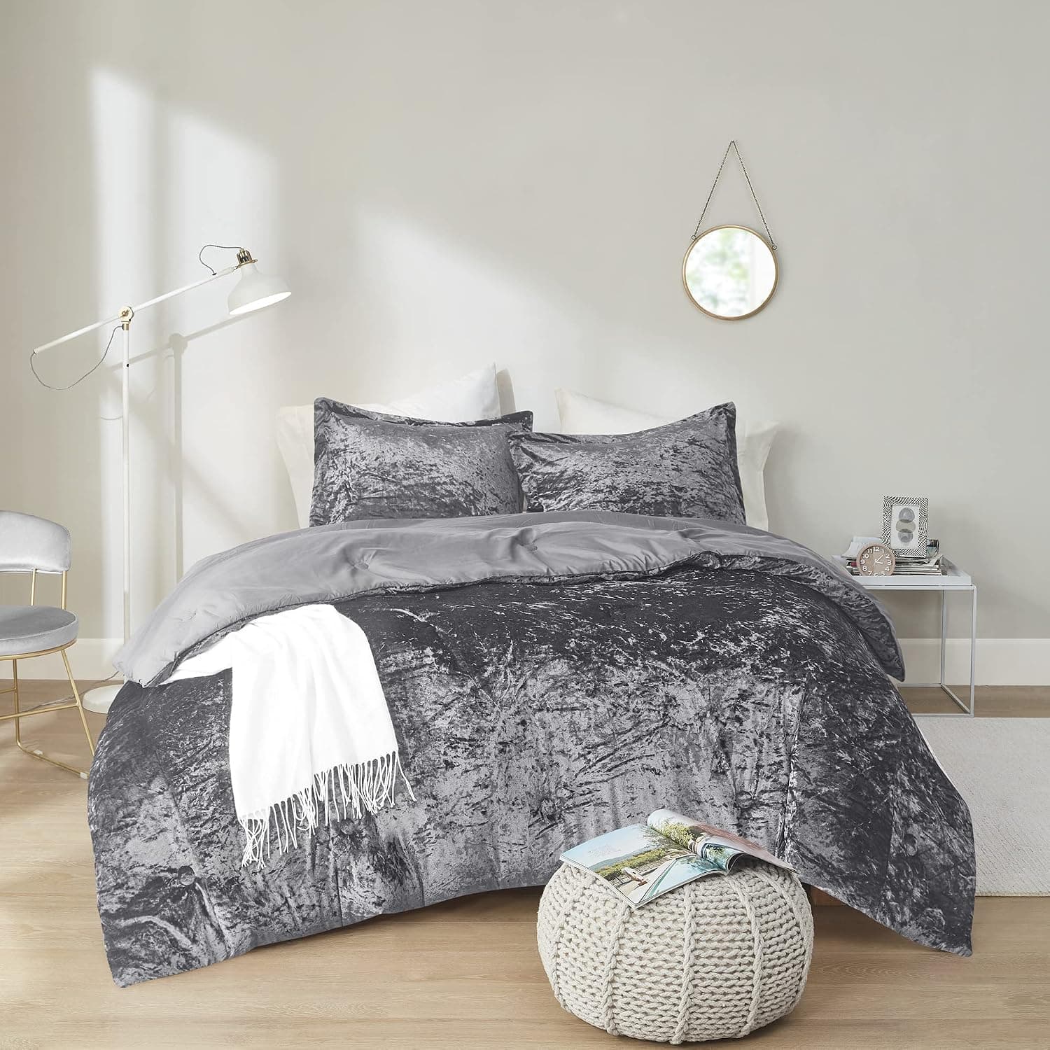 Comfort Spaces Juliette Luxe Comforter Set Velvet Lush with Soft Brushed Microfiber Reverse, All Season and Cozy Bedding, Matching Sham, Grey Twin/Twin XL 2 Piece