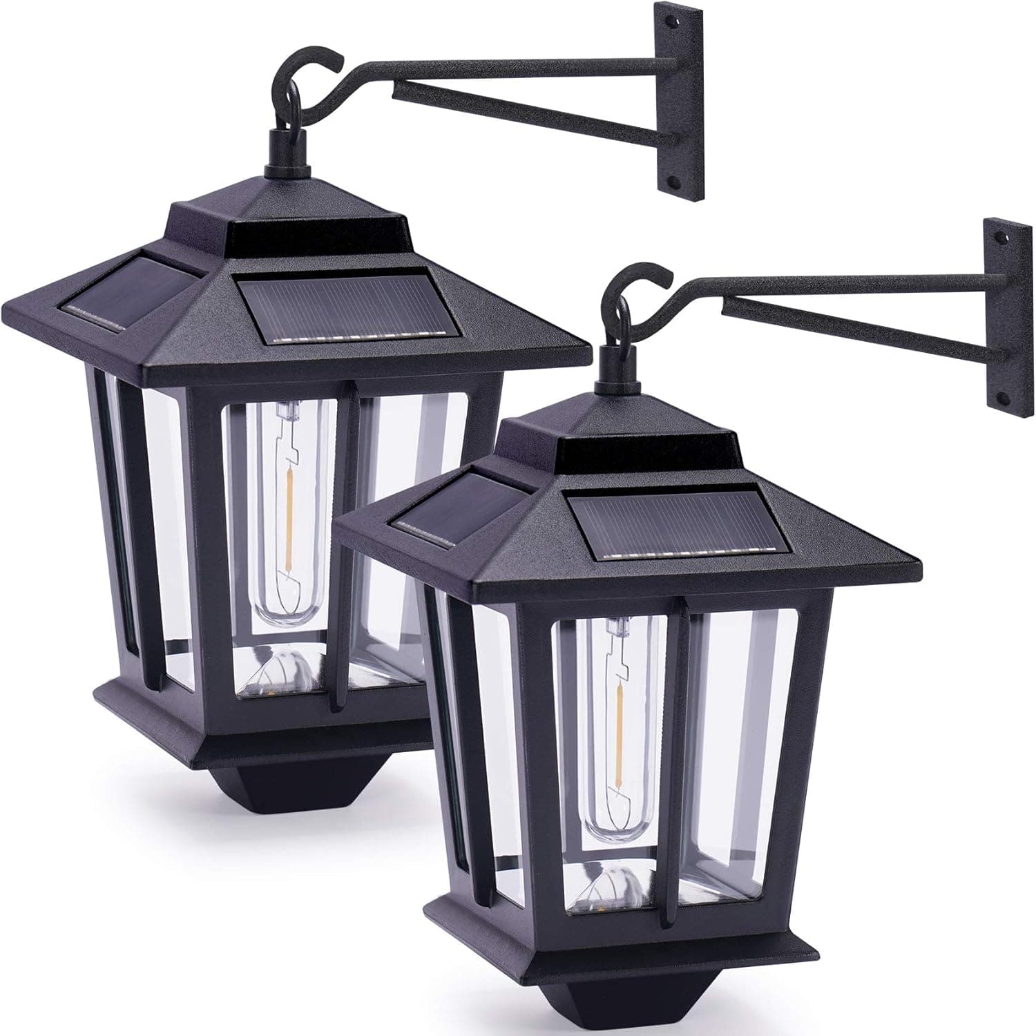 2 Pack Solar Wall Lanterns,Aluminum Outdoor Hanging Solar Lights with 4 Solar Panels,Dusk to Dawn Led Outdoor Wall Sconce,Anti-Rust Waterproof Wall Lanterns with Hooks,3000K Warm White