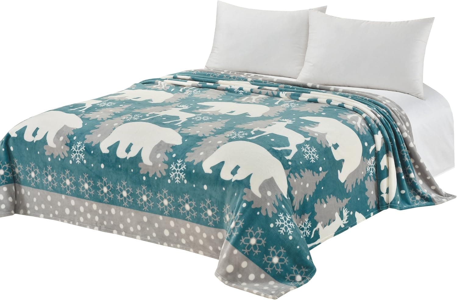 CaliTime Super Soft Throw Blanket for Bed Sofa Couch, Cozy Warm Flannel Fleece White Polar Bear Christmas Reindeer, Teal Grey, Queen