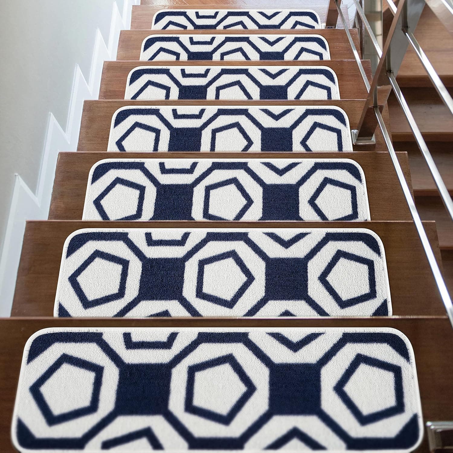 CAMILSON Stair Treads Runner Mats - Non Slip Rug Pads for Indoor Outdoor Carpet - Pet Dog Stair Step Covers (Set of 7, Geometric Navy)