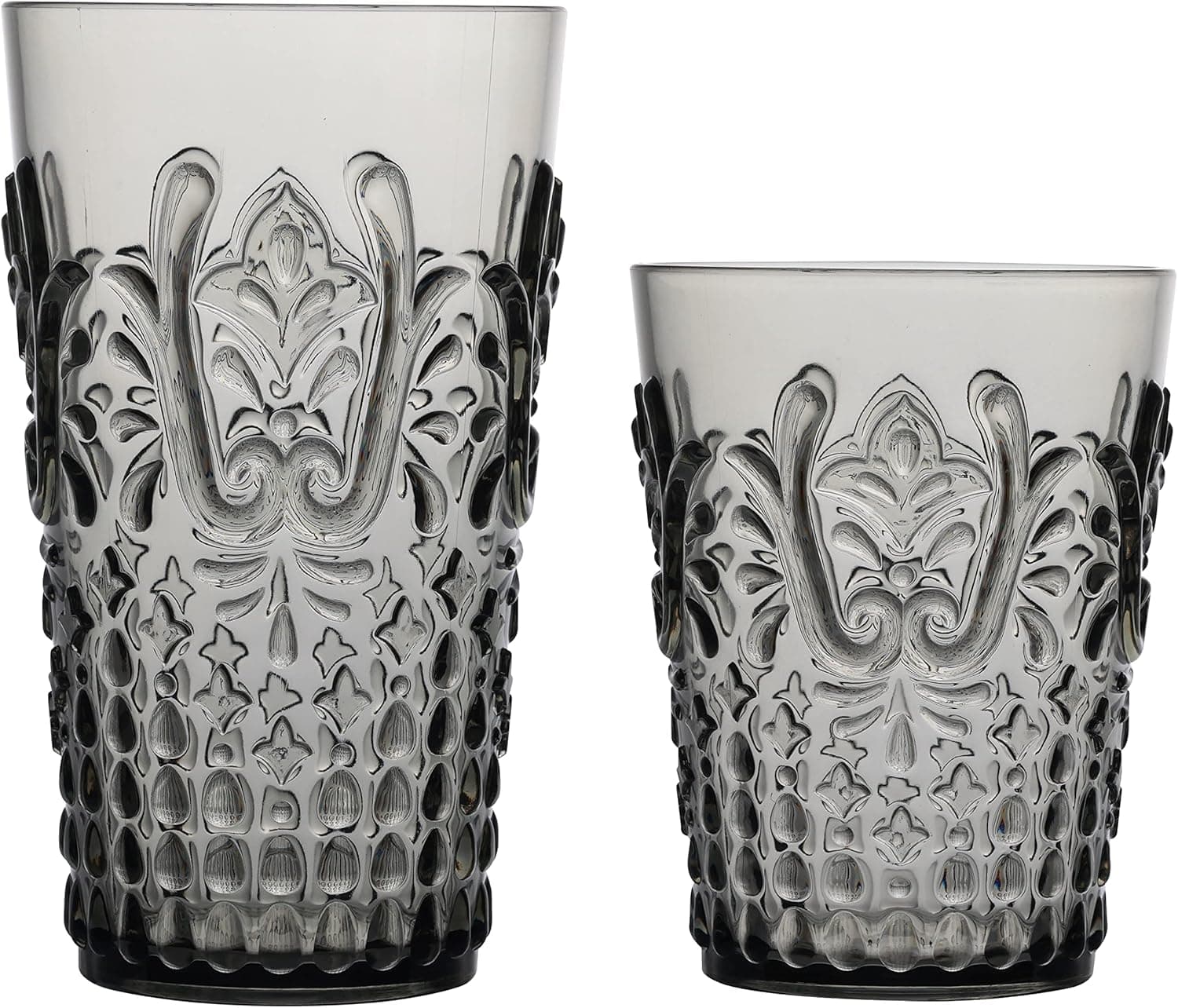KLIFA- BLOIS- 15.2 & 20.5 ounce, Set of 8, Acrylic Tumbler & Highball Drinking Glasses Cups, BPA-Free, Stackable Plastic Drinkware, Dishwasher Safe, Gray-Black