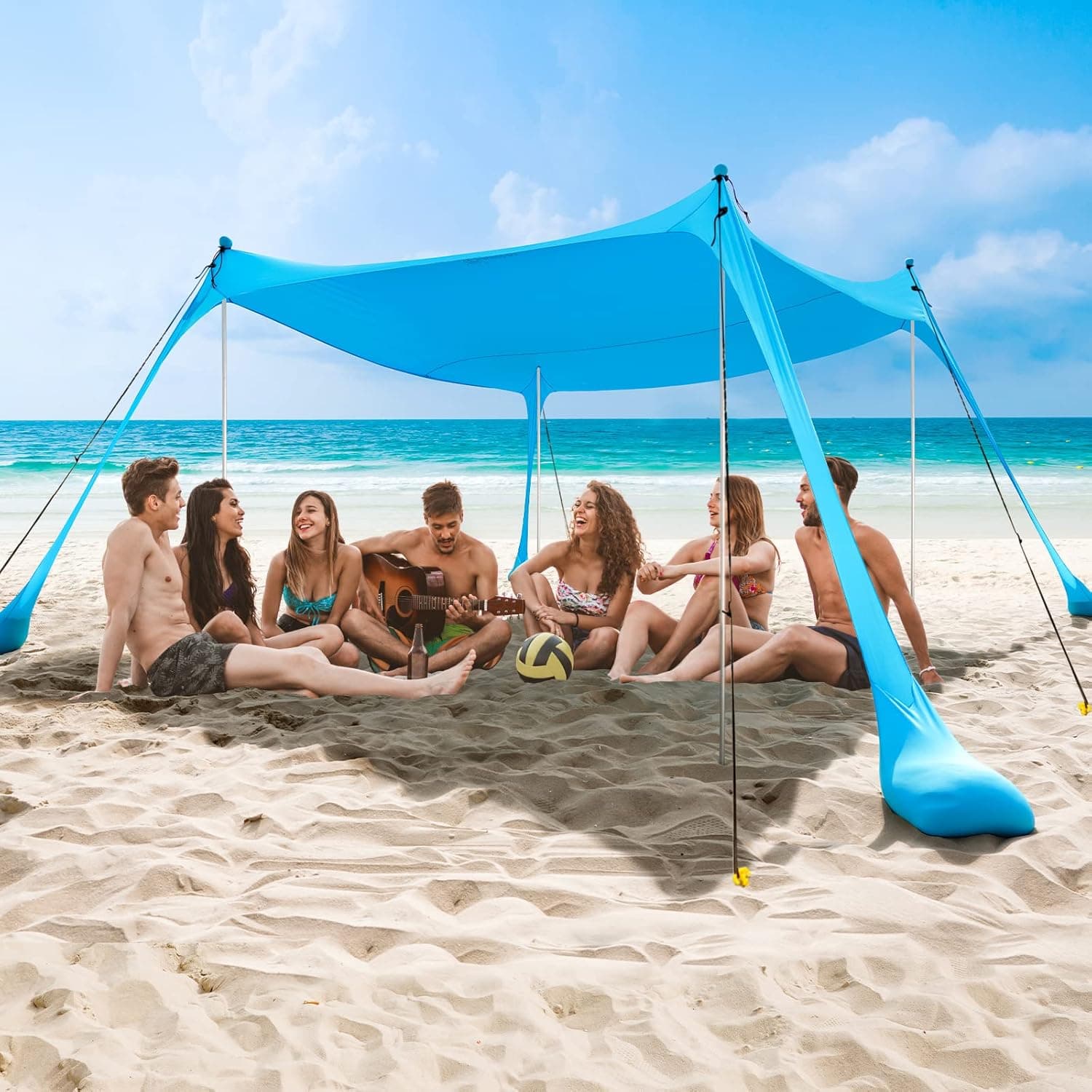 COMMOUDS Beach Tent Canopy with 4 Aluminum Poles, UPF50+ Pop Up Beach Sun Shade, Portable Beach Sun Shelter, Easy Set Up for Beach, Camping, Fishing, Backyard and Outdoor