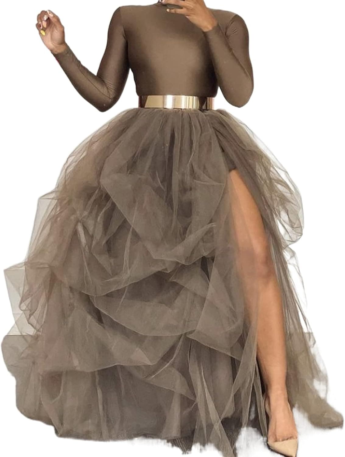 Women's Tulle Maxi Skirt Floor Length Layered High Waist Split Skirt A-Line Puffy Mesh Tutu Skirt for Wedding Party