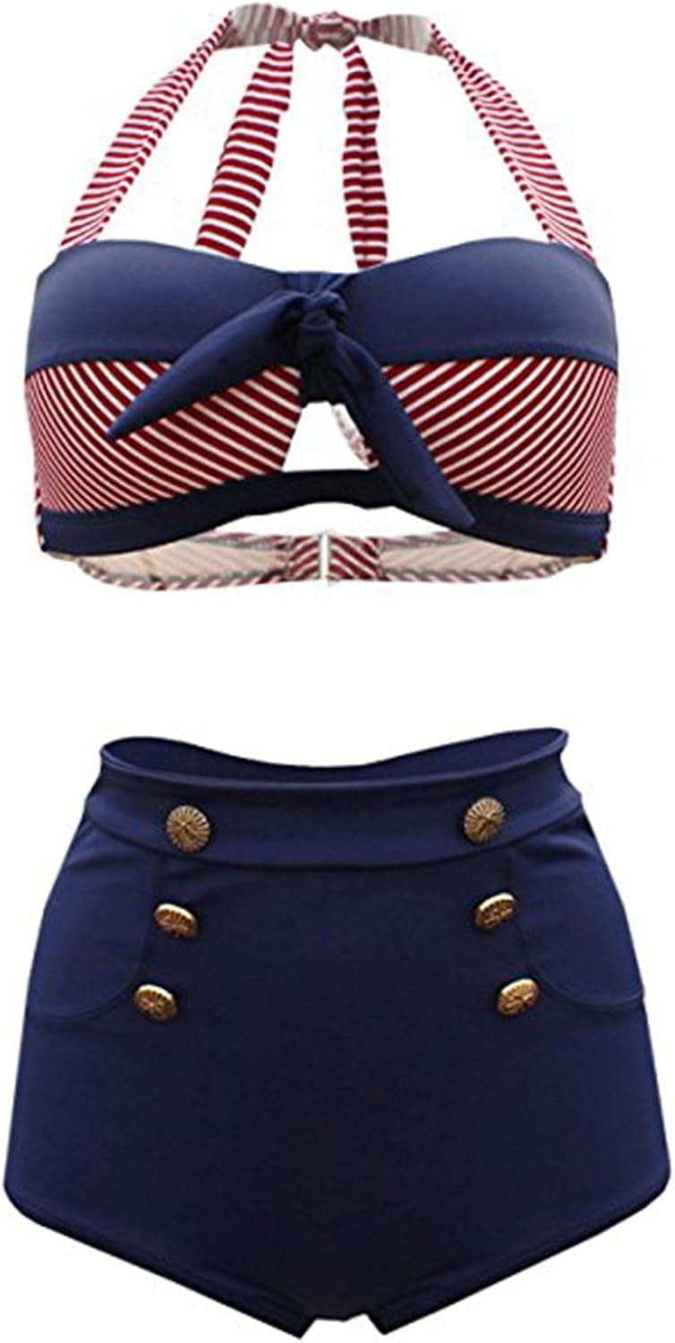 Futurino Women's Halter Bow Tie Front Retro Nautical Sailor High Waist Bikini Swimsui Set