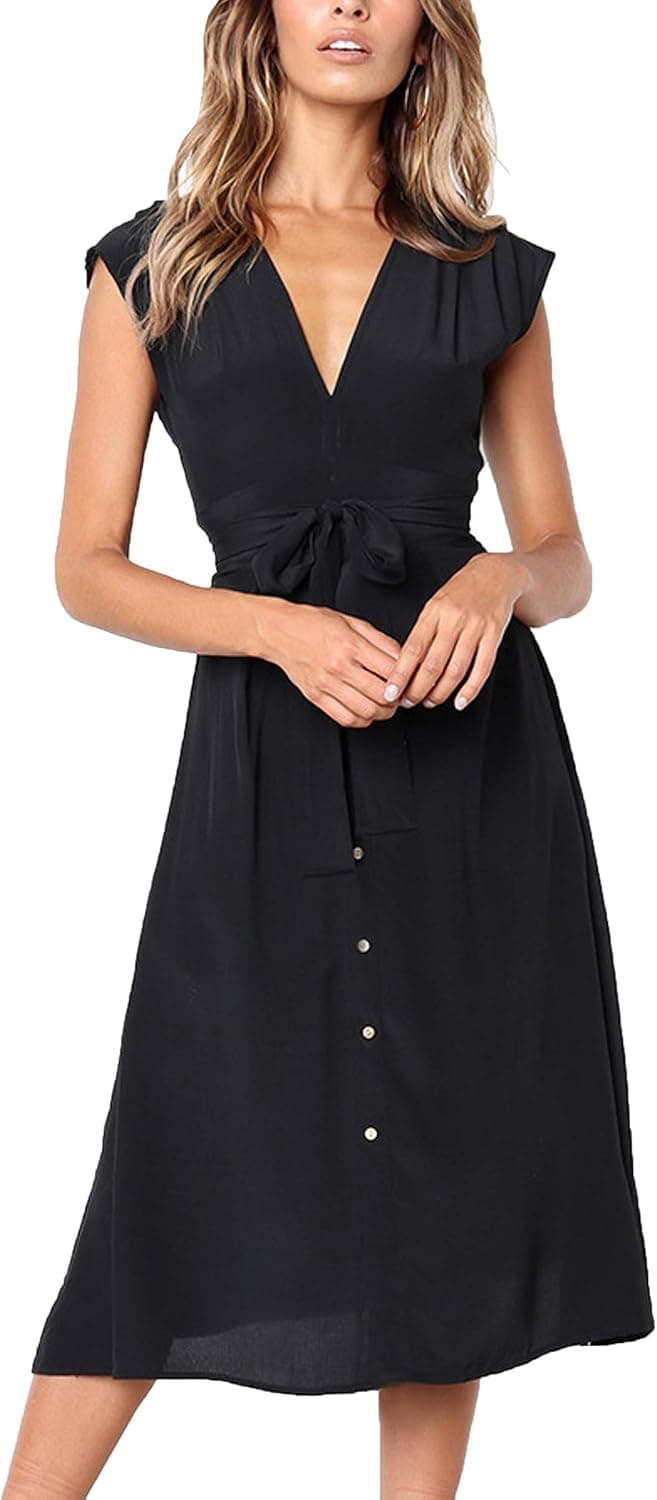 ECOWISH Womens Striped Button Down Bohemian Spaghetti Floral Dress Tie Waist Sleeveless Swing Midi Dress