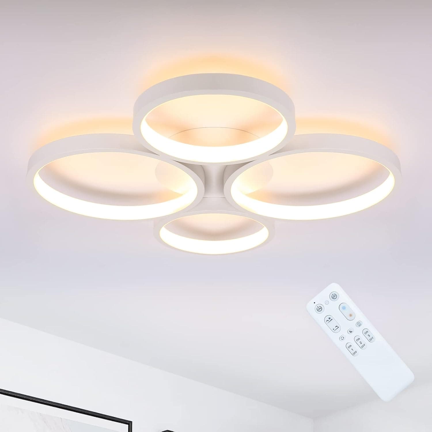 HOMODEN 42W LED Ceiling Light Fixture Dimmable,Flush Mount Ceiling Light with 4 Rings,2700K-6000K/15.75inch/White/Memory Function,Decorative Ceiling Lamp for Bedroom, Living Room,Dining Room