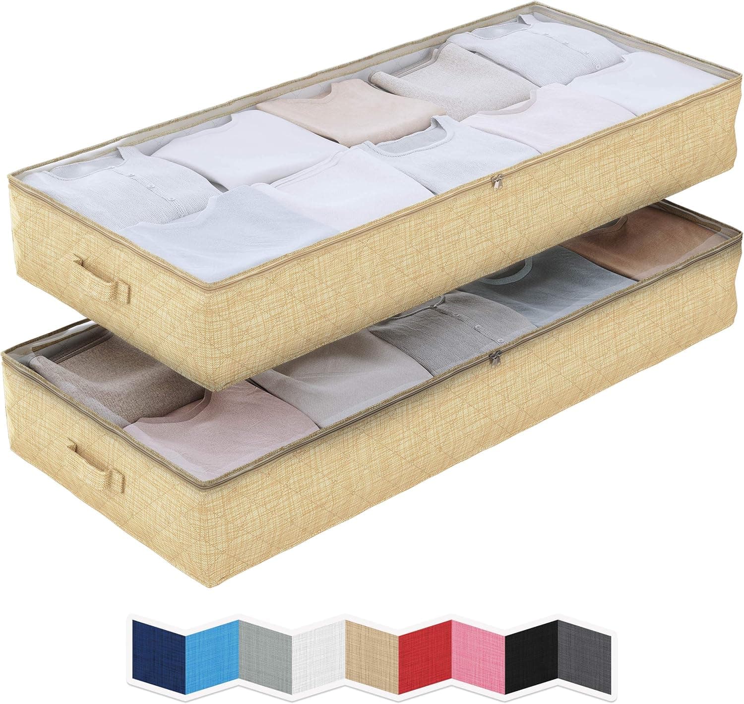 NEATERIZE Large Under Bed Storage Bags | 2-Pack Underbed Clothing Organizer | Ultra Thick Fabric, Reinforced Handles & Zipper | Stackable Organization and Storage Containers for Bedroom [Beige]