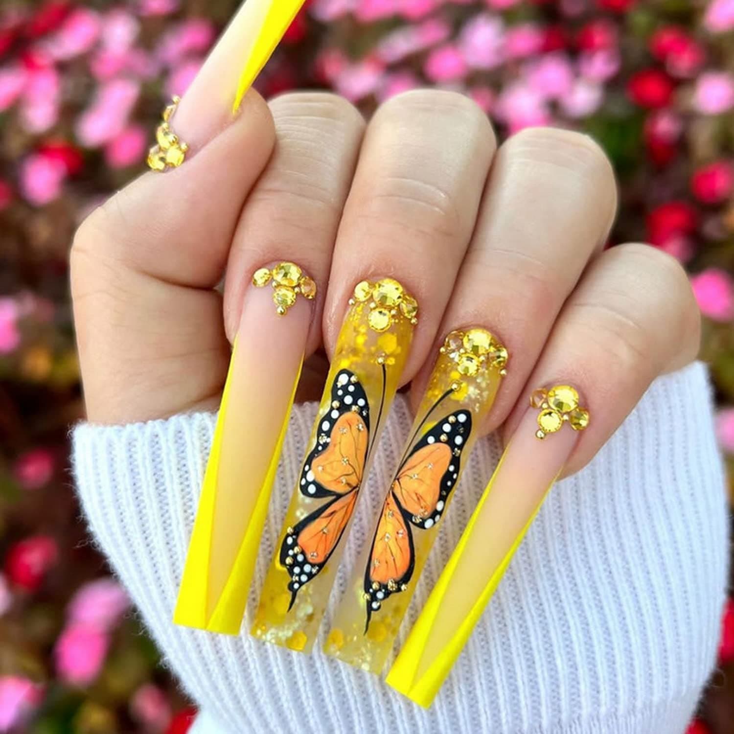 Butterfly Press on Nails Long Coffin Fake Nails Full Cover False Nails with Glitter Designs Rhinestones Glue on Nails Spring Acrylic Nails Glossy Artificial Nails for Women Manicure Art 24Pcs